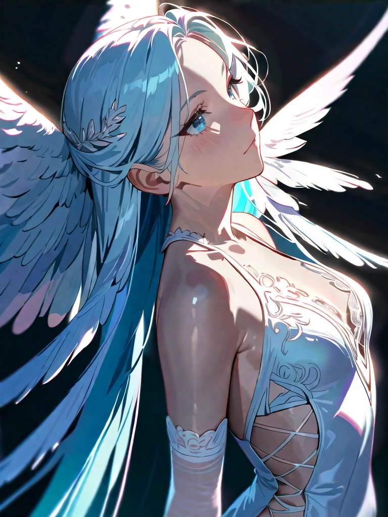 high quality, beautiful detailed eyes, 16k, (cinematic lighting), dynamic angle, (((art nouveau))), (((masterpiece))), (((best quality))), ((ultra-detailed)), (illustration), (detailed light),((an extremely delicate and beautiful)),(beautiful detailed eyes), (sunlight),(angel),solo,young girls,dynamic angle,floating, bare_shoulders,looking_at_viewer ,wings ,arms_up,halo,Floating white silk,(Holy Light),just like silver stars imploding we absorb the light of day, [(white background:1.5)::0.1], kaleidoscope, white fur, elbow gloves, [[delicate fingers and hands:0.55]::0.85],(detail fingers), colorful,
