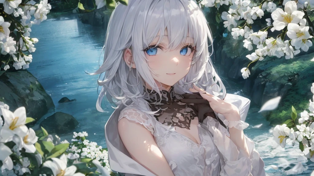 Ultra HD,Look at the viewers, Put your hands behind your back, With a girl, 20-year-old, 非常にShort Hair, Long bangs between the eyes, Pale blue eyes, Very detailed,(masterpiece、Highest quality),Gray Hair、Laughter、Fantastic, Silver Hair, Iris, Short hair、 Fluttering Hair、Small Face、明るいsmile、(Detailed face) ,Professional Lighting,Wonderful landscape,blue sky, sunlight,Looking down from above,Portraiture、Open your mouth、Flower Field、Her eyes were shining、Mysterious and enchanting atmosphere。With AI Painting、とてもShort Hair, Long bangs between the eyes, Very detailed,(masterpiece、Highest quality)、alone、Gray Hair、Fantasy, Silver Hair, Fantasyな風景、White shirt、smile、Open your mouth、short hair、Short Hair、hairpin、black eye、Grey Eyes、Beautiful Eyes、