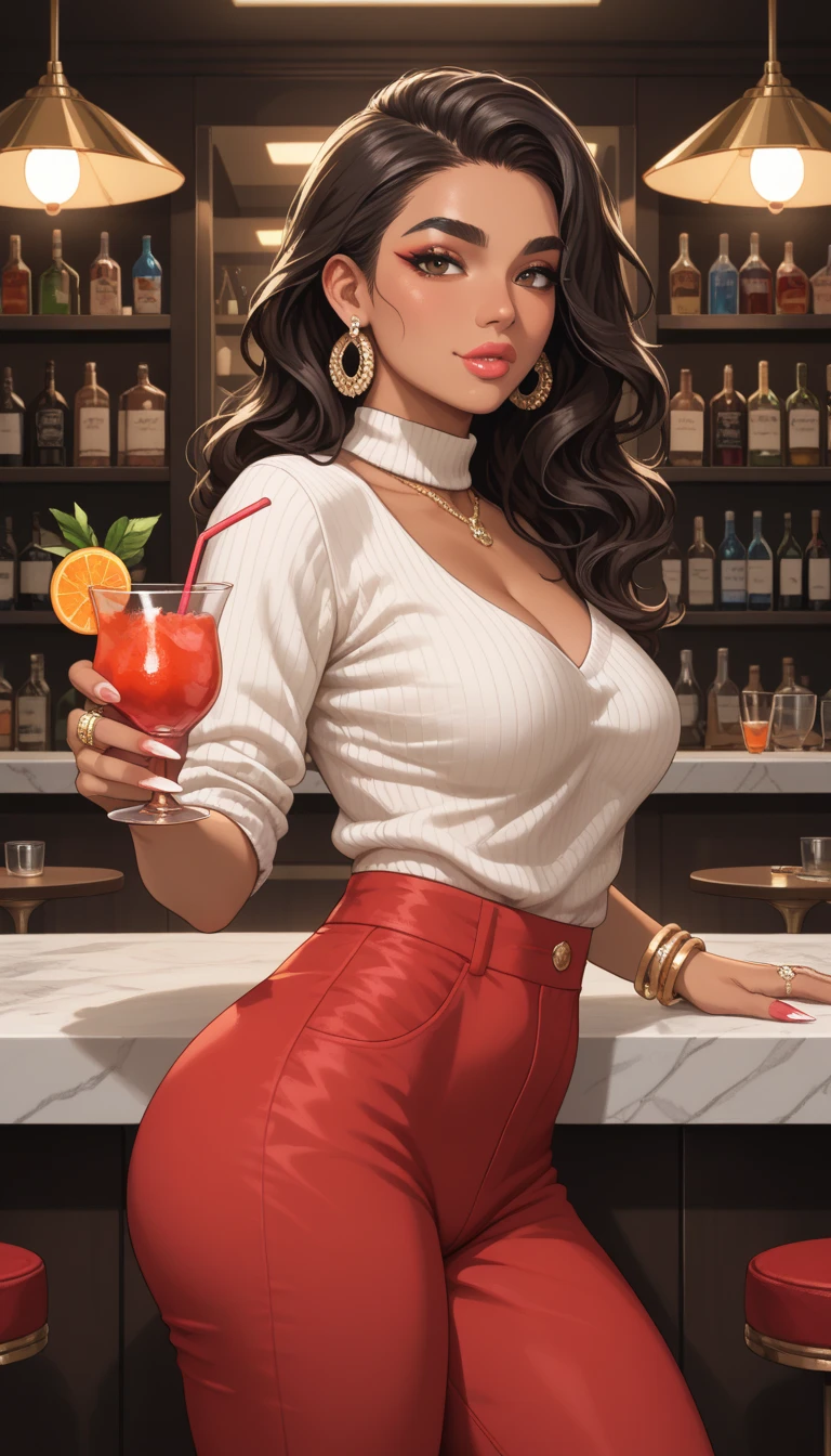 Cardinal, a gorgeous bartender woman with (dark skin, short curly black hair) wearing a black polo, tight slacks. Athletic, huge breasts, wide hips. Short curly black hair, mixing a drink. Confident. At a high-end bar, luxury hotel. cleavage.