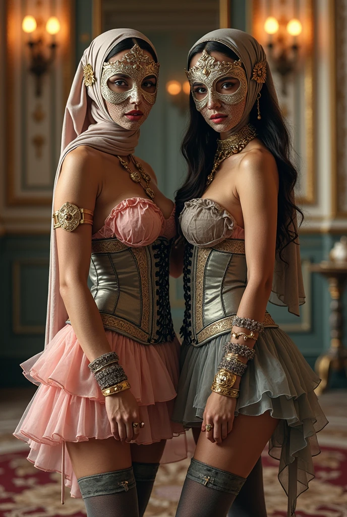 two girl playing bondage game,(bright lighting,romantic setting),dreamy background,bondage,dark hair, mesmerizing gaze, , soft skin, alluring beauty, artistic portrait, high-quality image, vibrant colors, long silk gown, in the van's trunk,tape bondage,tape gag, mosquito net
