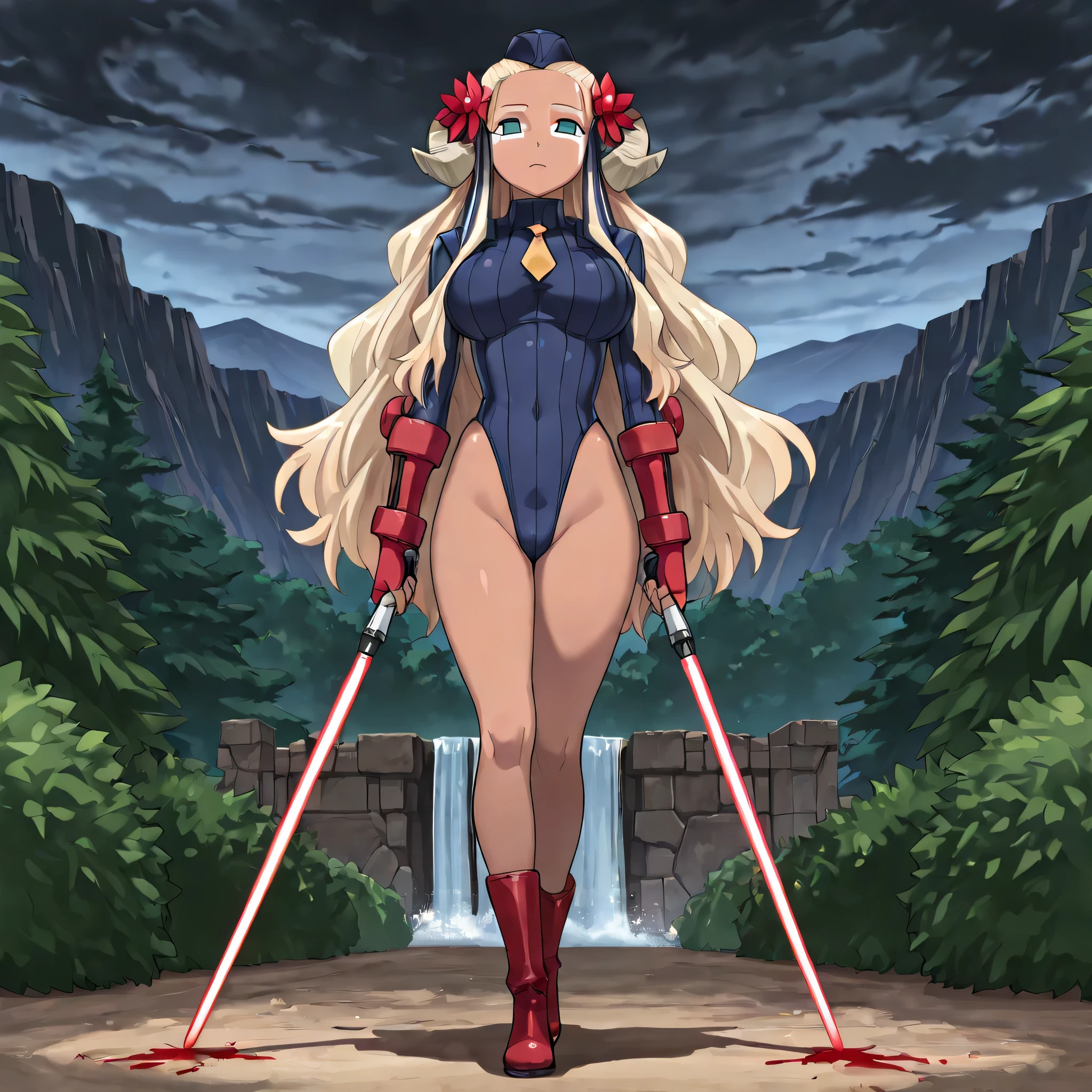 (((Masterpiece))), (((Best Quality))), ((Super Detail)), ultra-High resolution, score_9,score_8_up,score_7_up,score_6_up,score_5_up,score_4_up, BREAK, source_anime, anime screencap, uncensored, rating_explicit, Masterpiece, (best shadow), (absurdres), (detailed background), (very aesthetic), shiny, detailed beautiful eyes, outstanding, countershading, detailed soft lighting, an exquisite animation illustration, curvy, empty eyes, expressionless, blank eyes, looking at viewer, full body, emotionless, Fighting Stance, shadaloo dolls, red gloves, hat, cowboy shot, fingerless gloves, leotard, cosplay, highleg, highleg leotard, red gloves, garrison cap, dark persona, ribbed leotard, yellow necktie, (((solo, 1girl))), hair ornament, submissive pose, seductive pose, large breast, dark-skinned female, white pupils, aqua eyes, blonde hair, curled horns, low horns, white facepaint, hair ribbon, striped ribbon, red flower, hair flower, long hair, very long hair, hair pulled back, white body markings, outdoors, mountainous horizon, wedding background, ceremony, dark clouds, dark sky, trees, bush, scenery, backlighting, waterfall, burn, burning, fire, burning village, holding lightsaber, holding weapon, lightsaber, blood splatter, dark theme, horror, (((full body, walking)))
