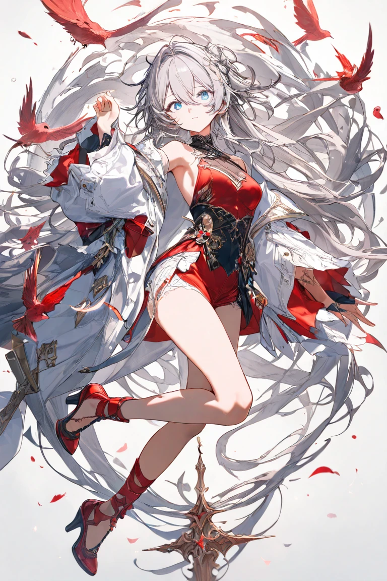 A white-haired girl in a white dress sits on a tree branch. Her eyes are bright blue and perfectly detailed. This is a detailed work of art from Onmyoji, a beautiful and seductive anime goddess. Perfect 4k Konachan anime wallpaper that takes you into the fantasy world.