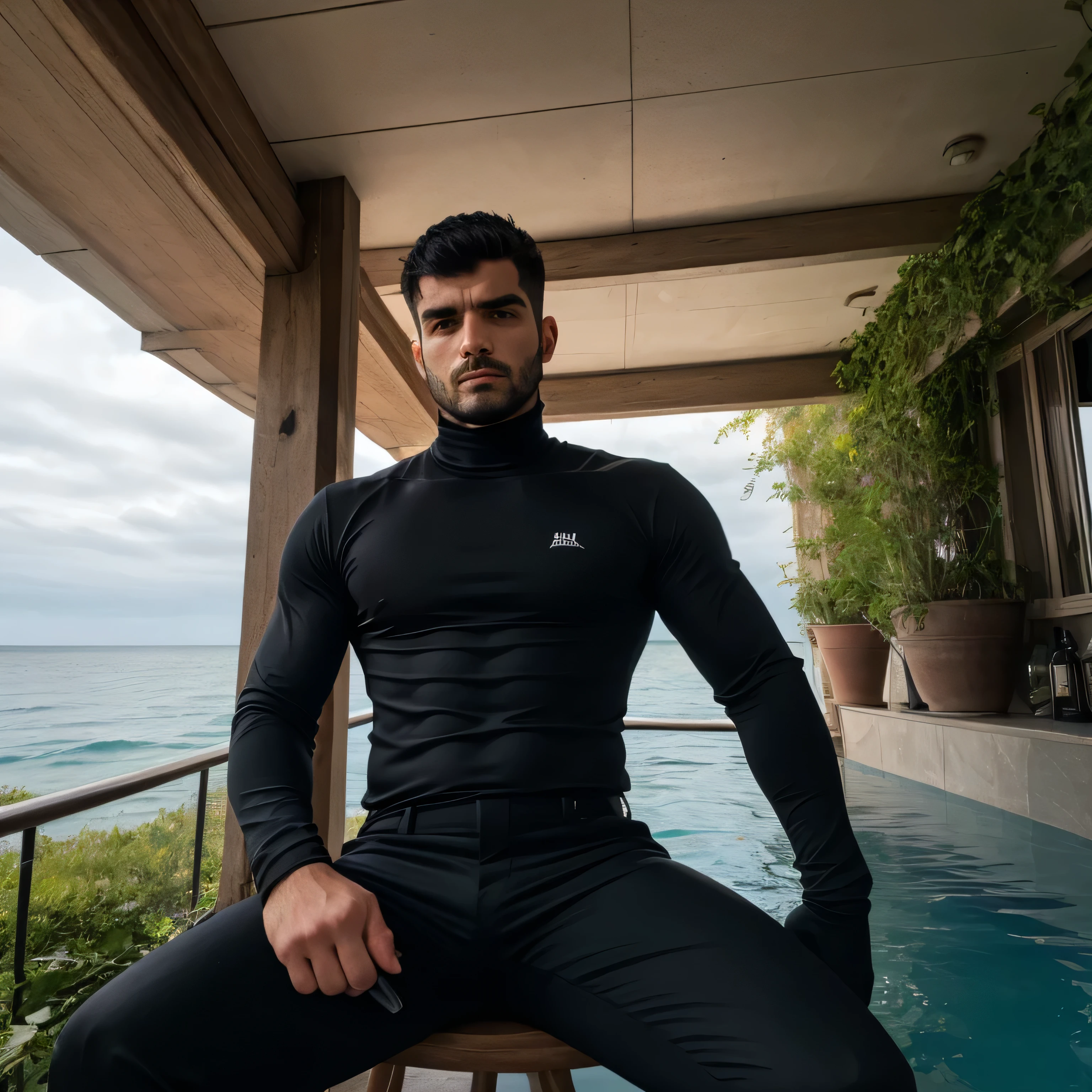 30 years old,One Man,Face of Sri Lanka、Black pants,Pool、Sit on a rubber boat with your legs wide apart、muscle、chest hair、pubic hair、Solid system、Sweat、Gay ,Very very short slicked back hair、Stubble,Handsome、The crotch area is bulging。The crotch area is bulging、pubic hair、smile、Brown Hair、Black sunglasses