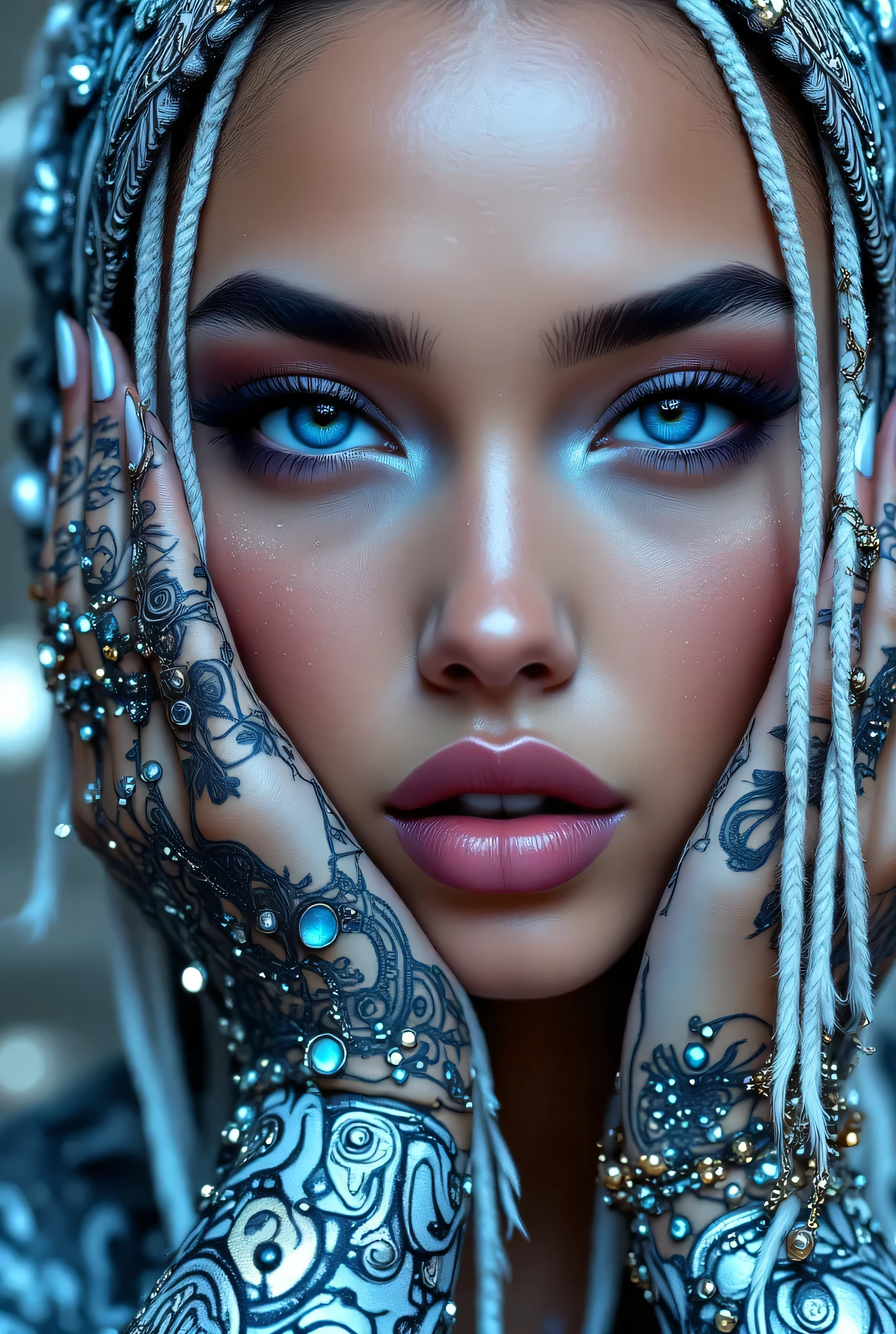 "Create an award-winning masterpiece for Vogue Fashion magazine featuring the up-close half face of a woman. The style is detailed comic book art with layered lines. Her makeup is metallic bronze and sky-blue. The image is dense with patterned imagery and includes realistic human figures with a graphic print-based look. This artwork combines elements of surrealism and fantasy with a maximalist style, showcasing ultra-realistic, hyper-detailed visuals akin to 4K quality. The woman's attire reflects electronic music style, adding an edgy, surreal, and hypermaximalist feel to the piece."
