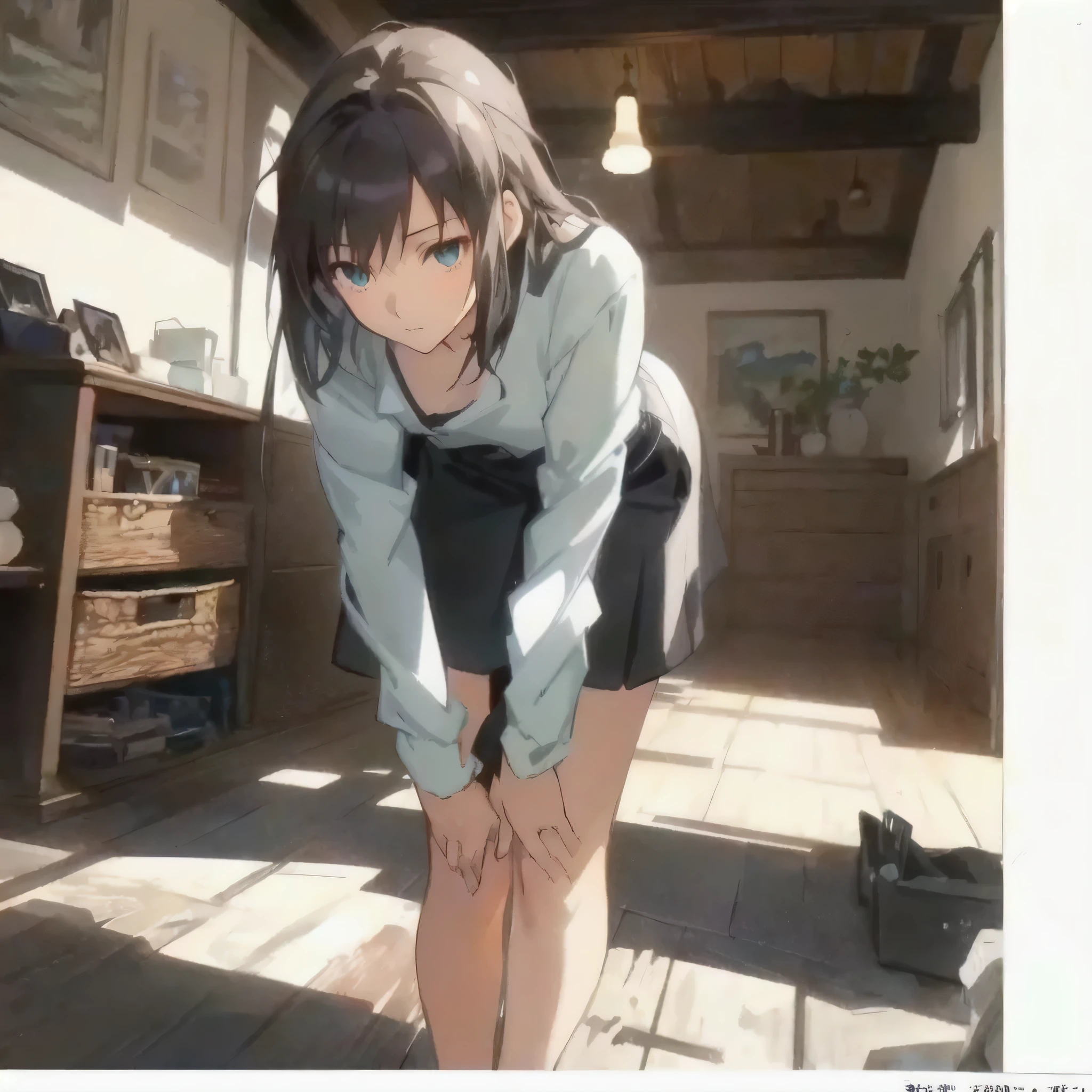Dilapidated and dark Japanese-style room,blue sky,cloud,On the tatami_Leaning forward while sitting upright,Near the black keyboard,from side, top-down bottom-up,indoor,1 Girl, 独奏, Red eyes,((sanpaku)), Twin tails, brown hair,crawling,((顔 focus)),upper body,White shirt,Blue denim pants, bangs, eyebrows visible through hair, Flat Chest,Look Down,teeth ,annoyed,panicking,Write on loose-leaf paper with a pen,((Sweat)),The crowd stares