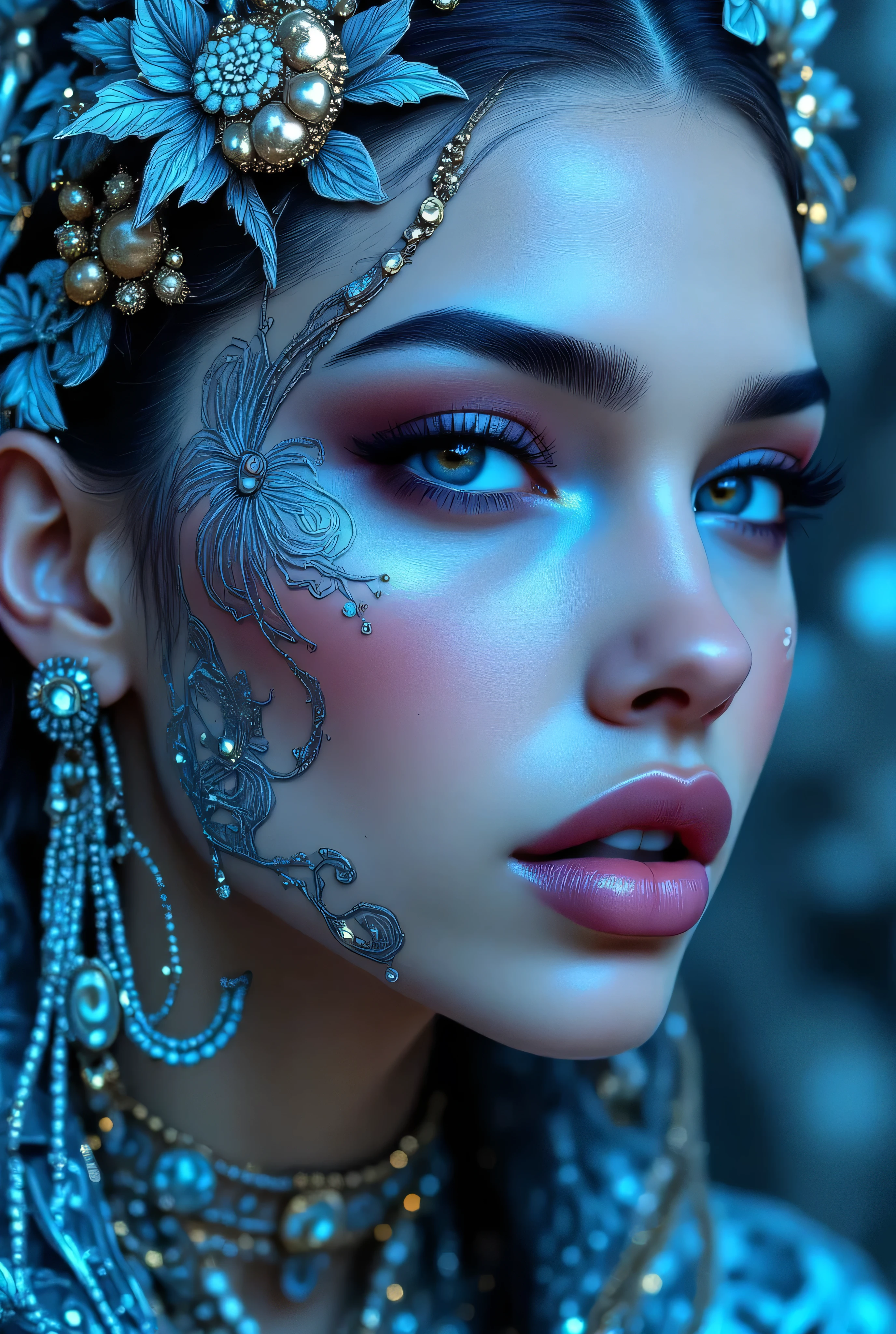 "Create an award-winning masterpiece for Vogue Fashion magazine featuring the up-close half face of a woman. The style is detailed comic book art with layered lines. Her makeup is metallic bronze and sky-blue. The image is dense with patterned imagery and includes realistic human figures with a graphic print-based look. This artwork combines elements of surrealism and fantasy with a maximalist style, showcasing ultra-realistic, hyper-detailed visuals akin to 4K quality. The woman's attire reflects electronic music style, adding an edgy, surreal, and hypermaximalist feel to the piece."