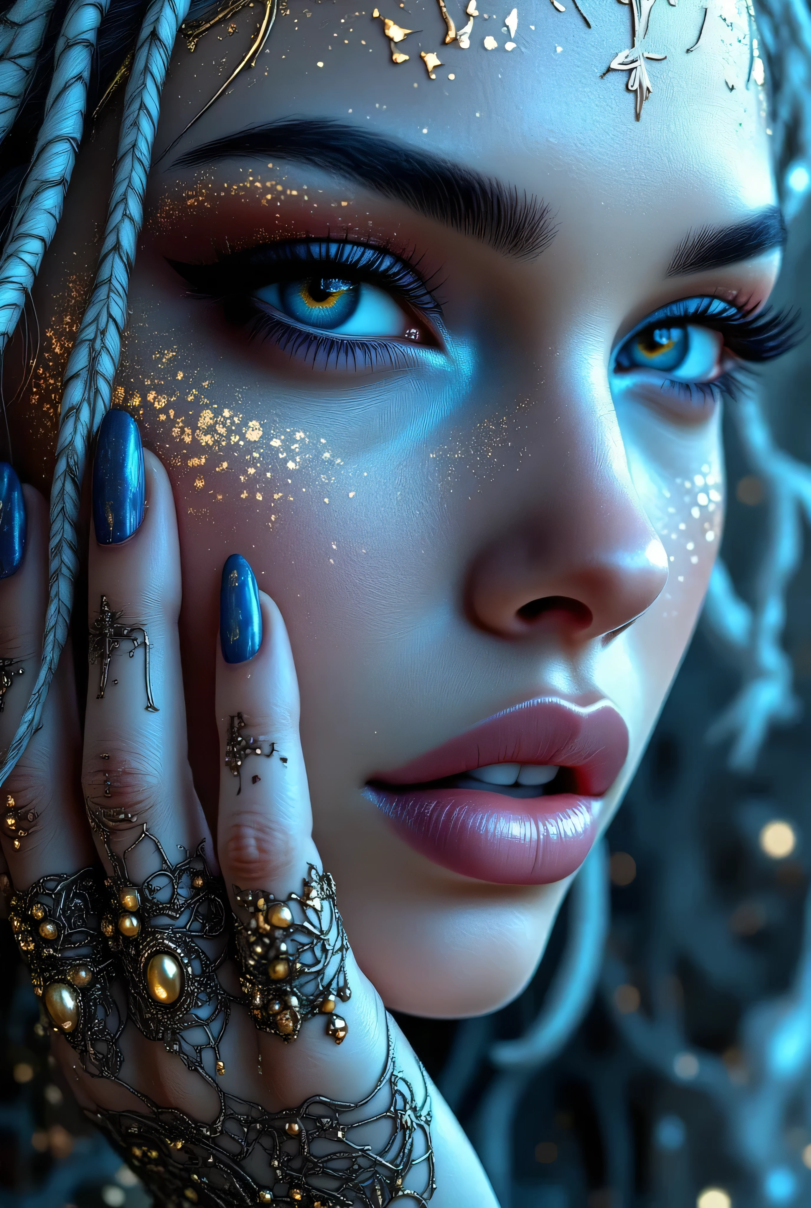 "Create an award-winning masterpiece for Vogue Fashion magazine featuring the up-close half face of a woman. The style is detailed comic book art with layered lines. Her makeup is metallic bronze and sky-blue. The image is dense with patterned imagery and includes realistic human figures with a graphic print-based look. This artwork combines elements of surrealism and fantasy with a maximalist style, showcasing ultra-realistic, hyper-detailed visuals akin to 4K quality. The woman's attire reflects electronic music style, adding an edgy, surreal, and hypermaximalist feel to the piece."