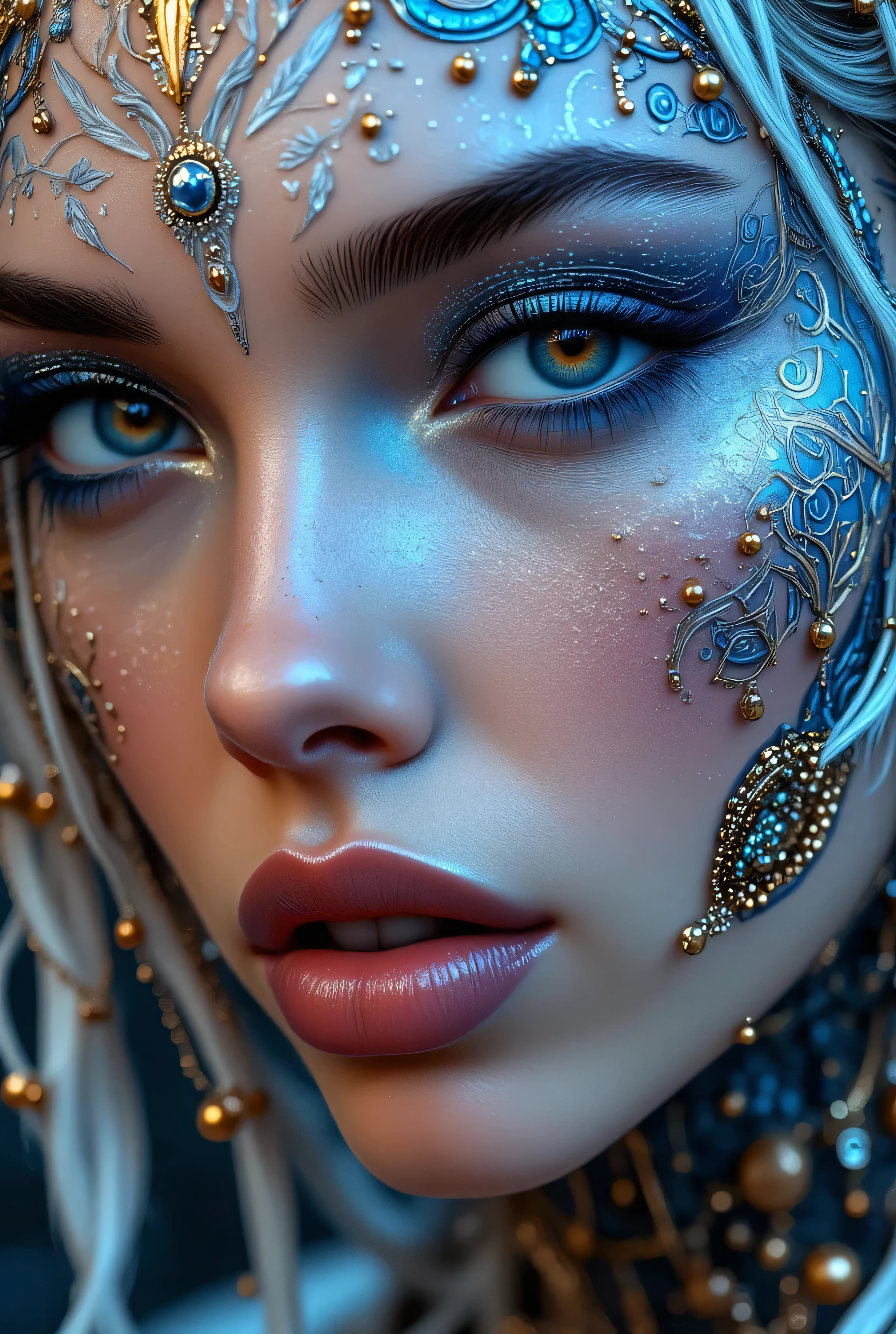 "Create an award-winning masterpiece for Vogue Fashion magazine featuring the up-close half face of a woman. The style is detailed comic book art with layered lines. Her makeup is metallic bronze and sky-blue. The image is dense with patterned imagery and includes realistic human figures with a graphic print-based look. This artwork combines elements of surrealism and fantasy with a maximalist style, showcasing ultra-realistic, hyper-detailed visuals akin to 4K quality. The woman's attire reflects electronic music style, adding an edgy, surreal, and hypermaximalist feel to the piece."