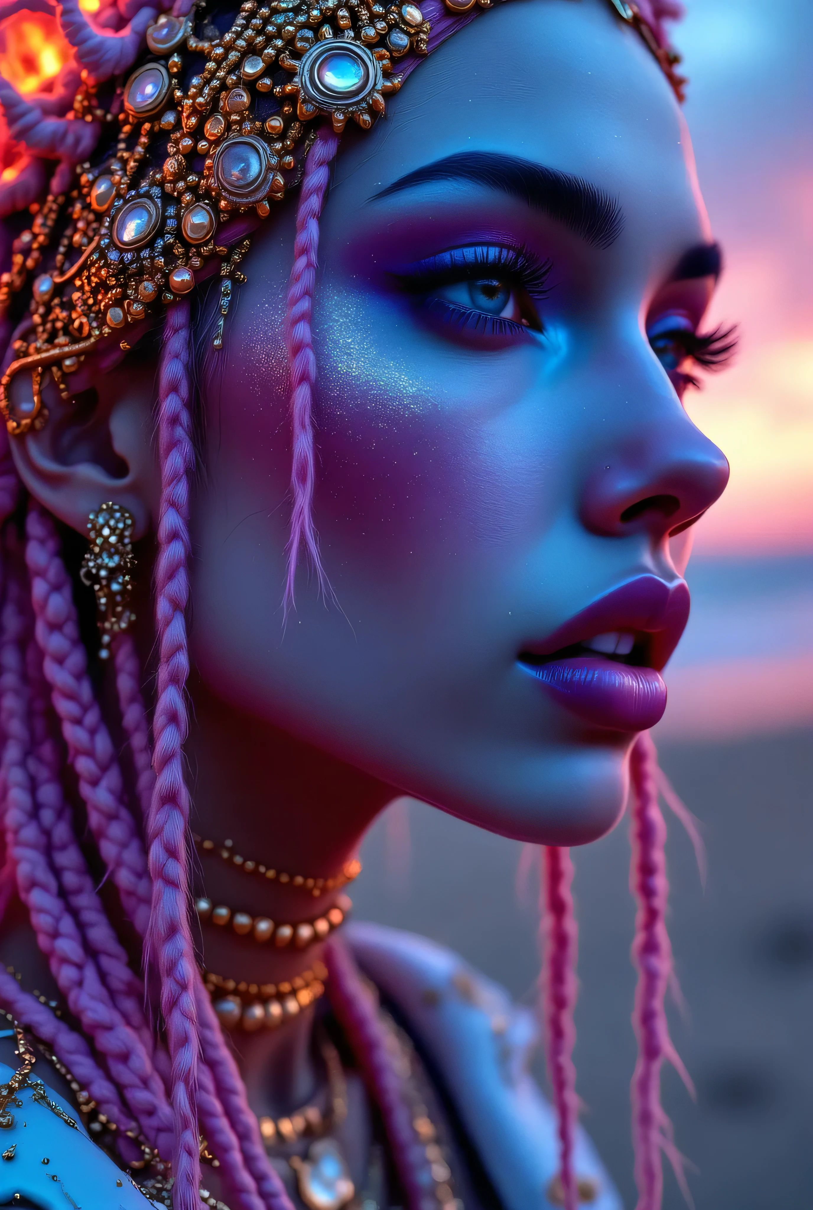 "Create an award-winning masterpiece for Vogue Fashion magazine featuring the up-close half face of a woman. The style is detailed comic book art with layered lines. Her makeup is metallic bronze and sky-blue. The image is dense with patterned imagery and includes realistic human figures with a graphic print-based look. This artwork combines elements of surrealism and fantasy with a maximalist style, showcasing ultra-realistic, hyper-detailed visuals akin to 4K quality. The woman's attire reflects electronic music style, adding an edgy, surreal, and hypermaximalist feel to the piece."