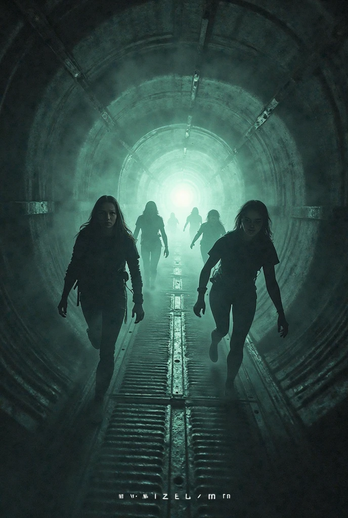 Cosmic horror, space nebula, dark corners, monsters in corners, glow of mystic light,) running scared long corridors, the ship is abandoned, photo real, master piece, scared faces torn clothes, women injured