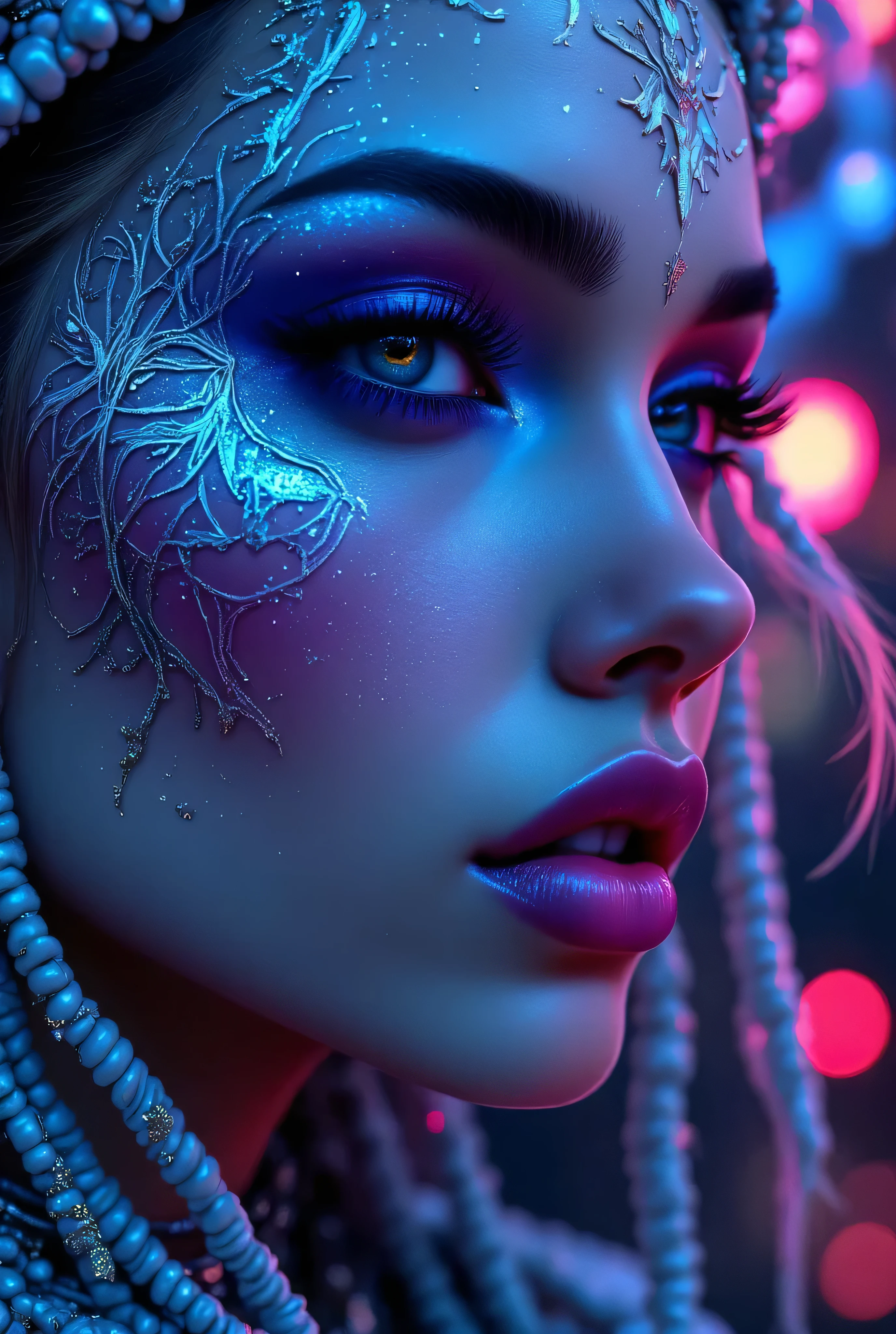 "Create an award-winning masterpiece for Vogue Fashion magazine featuring the up-close half face of a woman. The style is detailed comic book art with layered lines. Her makeup is metallic bronze and sky-blue. The image is dense with patterned imagery and includes realistic human figures with a graphic print-based look. This artwork combines elements of surrealism and fantasy with a maximalist style, showcasing ultra-realistic, hyper-detailed visuals akin to 4K quality. The woman's attire reflects electronic music style, adding an edgy, surreal, and hypermaximalist feel to the piece."