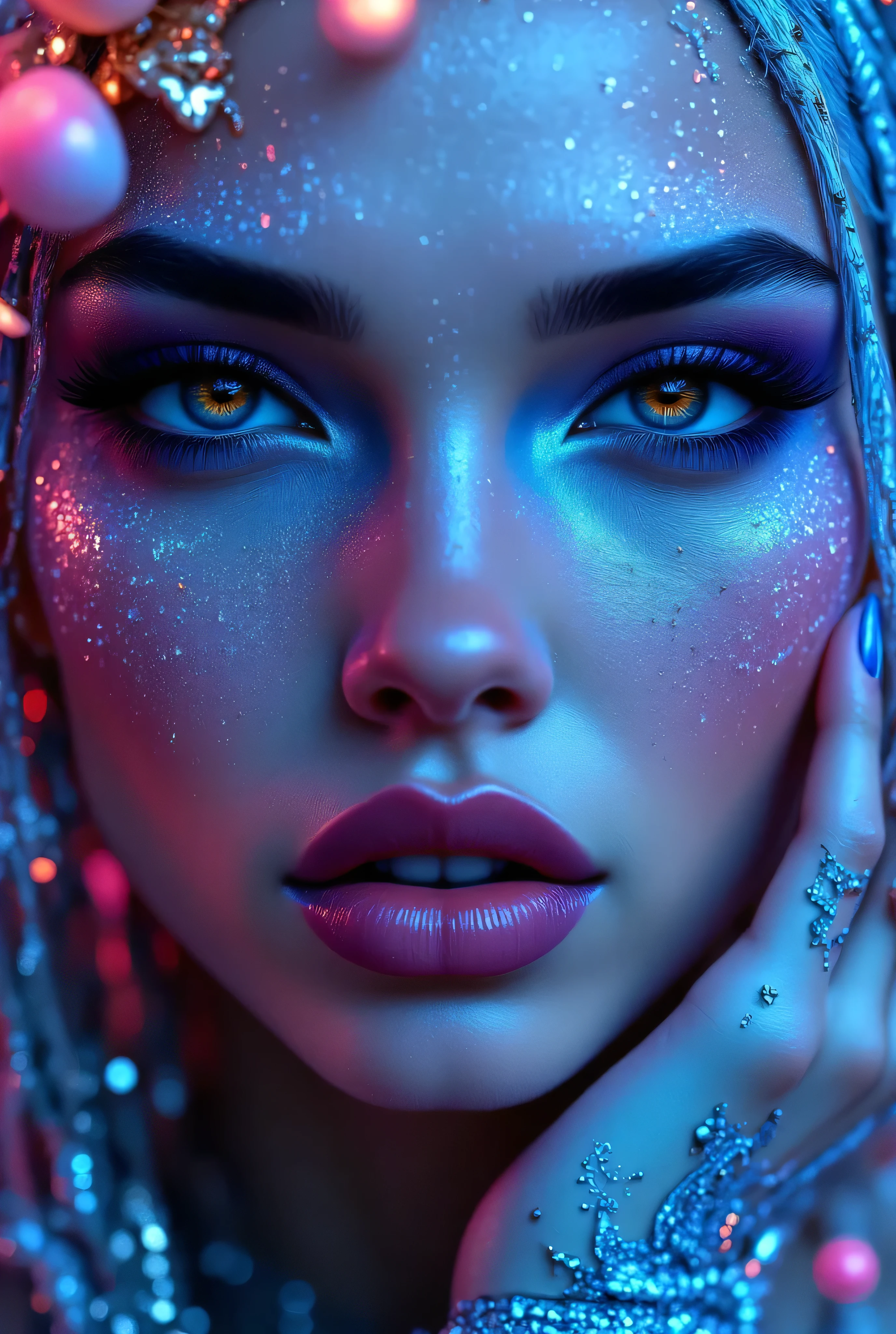 "Create an award-winning masterpiece for Vogue Fashion magazine featuring the up-close half face of a woman. The style is detailed comic book art with layered lines. Her makeup is metallic bronze and sky-blue. The image is dense with patterned imagery and includes realistic human figures with a graphic print-based look. This artwork combines elements of surrealism and fantasy with a maximalist style, showcasing ultra-realistic, hyper-detailed visuals akin to 4K quality. The woman's attire reflects electronic music style, adding an edgy, surreal, and hypermaximalist feel to the piece."