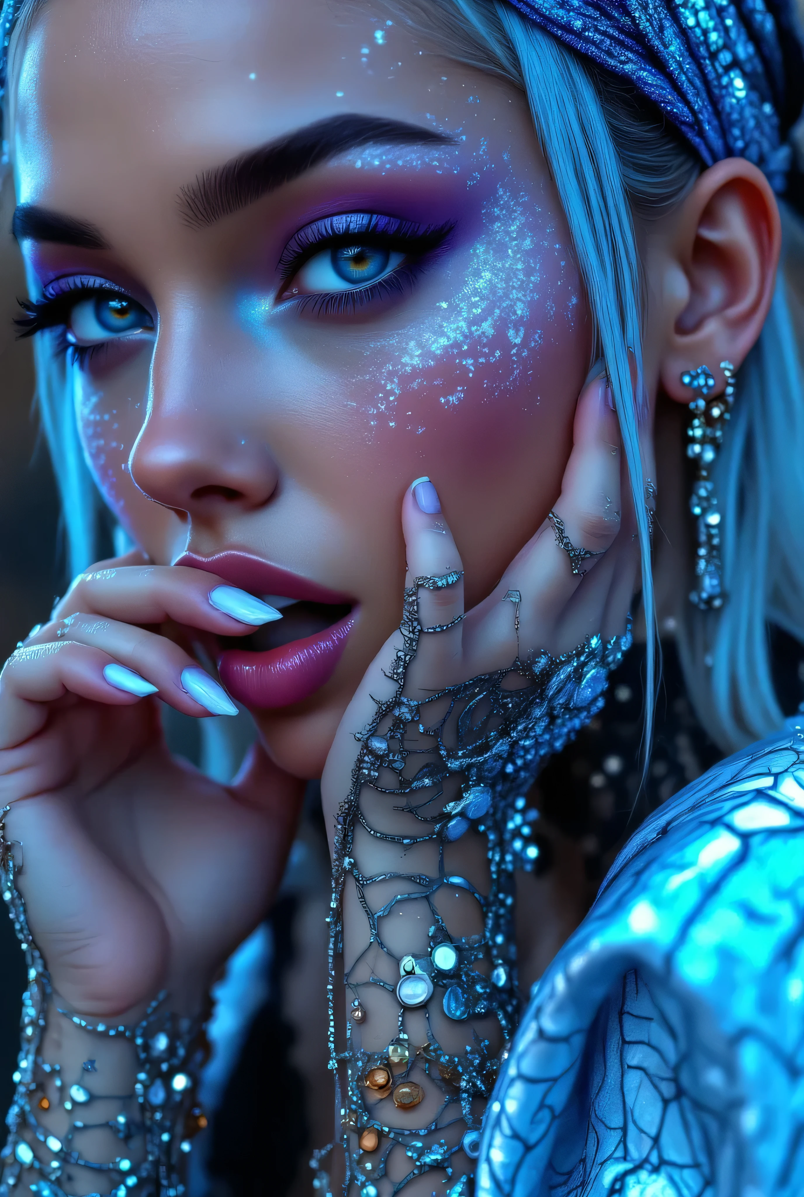 "Create an award-winning masterpiece for Vogue Fashion magazine featuring the up-close half face of a woman. The style is detailed comic book art with layered lines. Her makeup is metallic bronze and sky-blue. The image is dense with patterned imagery and includes realistic human figures with a graphic print-based look. This artwork combines elements of surrealism and fantasy with a maximalist style, showcasing ultra-realistic, hyper-detailed visuals akin to 4K quality. The woman's attire reflects electronic music style, adding an edgy, surreal, and hypermaximalist feel to the piece."