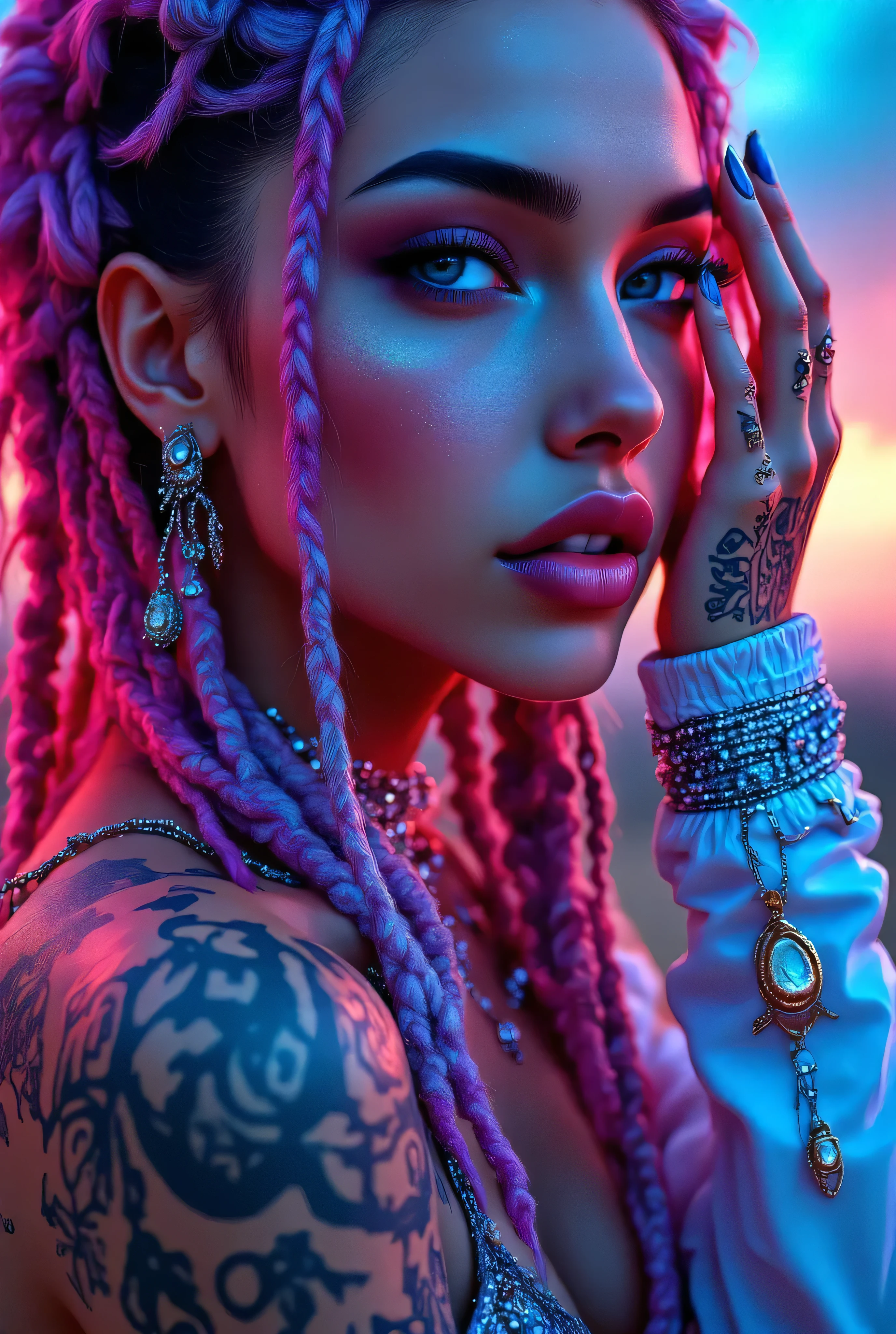 "Create an award-winning masterpiece for Vogue Fashion magazine featuring the up-close half face of a woman. The style is detailed comic book art with layered lines. Her makeup is metallic bronze and sky-blue. The image is dense with patterned imagery and includes realistic human figures with a graphic print-based look. This artwork combines elements of surrealism and fantasy with a maximalist style, showcasing ultra-realistic, hyper-detailed visuals akin to 4K quality. The woman's attire reflects electronic music style, adding an edgy, surreal, and hypermaximalist feel to the piece."