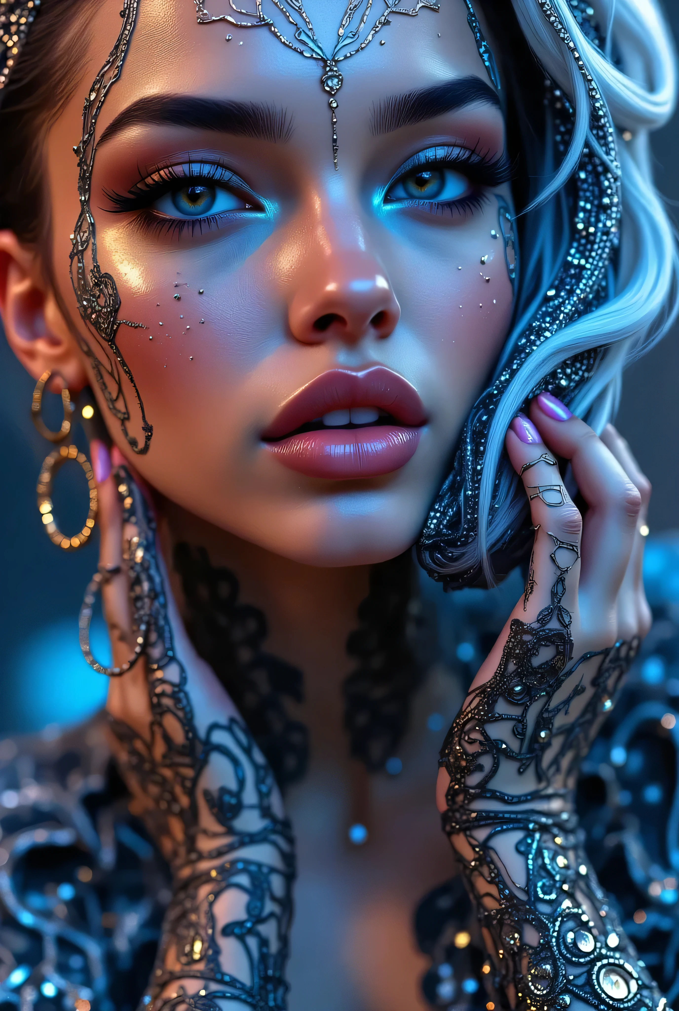 "Create an award-winning masterpiece for Vogue Fashion magazine featuring the up-close half face of a woman. The style is detailed comic book art with layered lines. Her makeup is metallic bronze and sky-blue. The image is dense with patterned imagery and includes realistic human figures with a graphic print-based look. This artwork combines elements of surrealism and fantasy with a maximalist style, showcasing ultra-realistic, hyper-detailed visuals akin to 4K quality. The woman's attire reflects electronic music style, adding an edgy, surreal, and hypermaximalist feel to the piece."