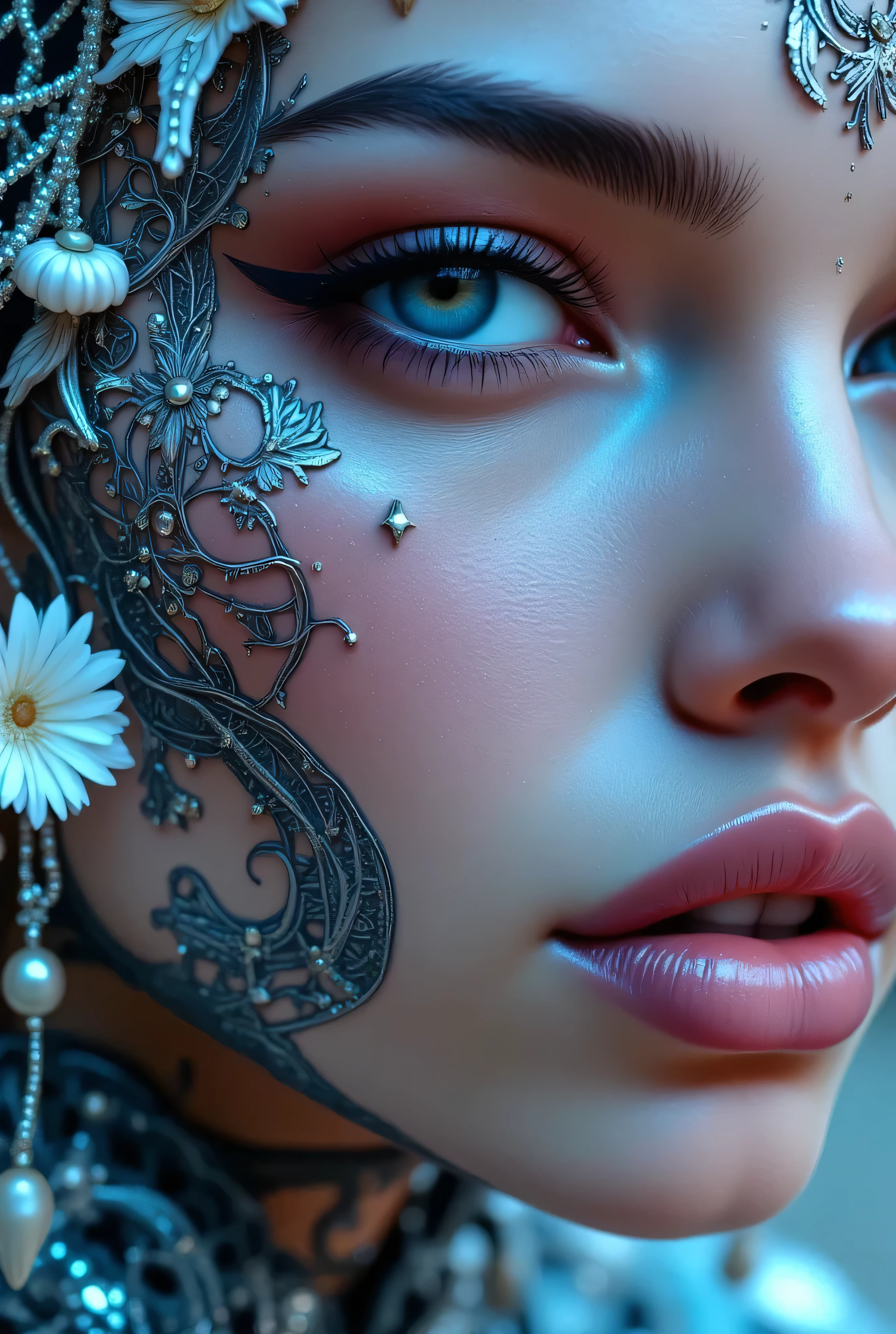 "Create an award-winning masterpiece for Vogue Fashion magazine featuring the up-close half face of a woman. The style is detailed comic book art with layered lines. Her makeup is metallic bronze and sky-blue. The image is dense with patterned imagery and includes realistic human figures with a graphic print-based look. This artwork combines elements of surrealism and fantasy with a maximalist style, showcasing ultra-realistic, hyper-detailed visuals akin to 4K quality. The woman's attire reflects electronic music style, adding an edgy, surreal, and hypermaximalist feel to the piece."
