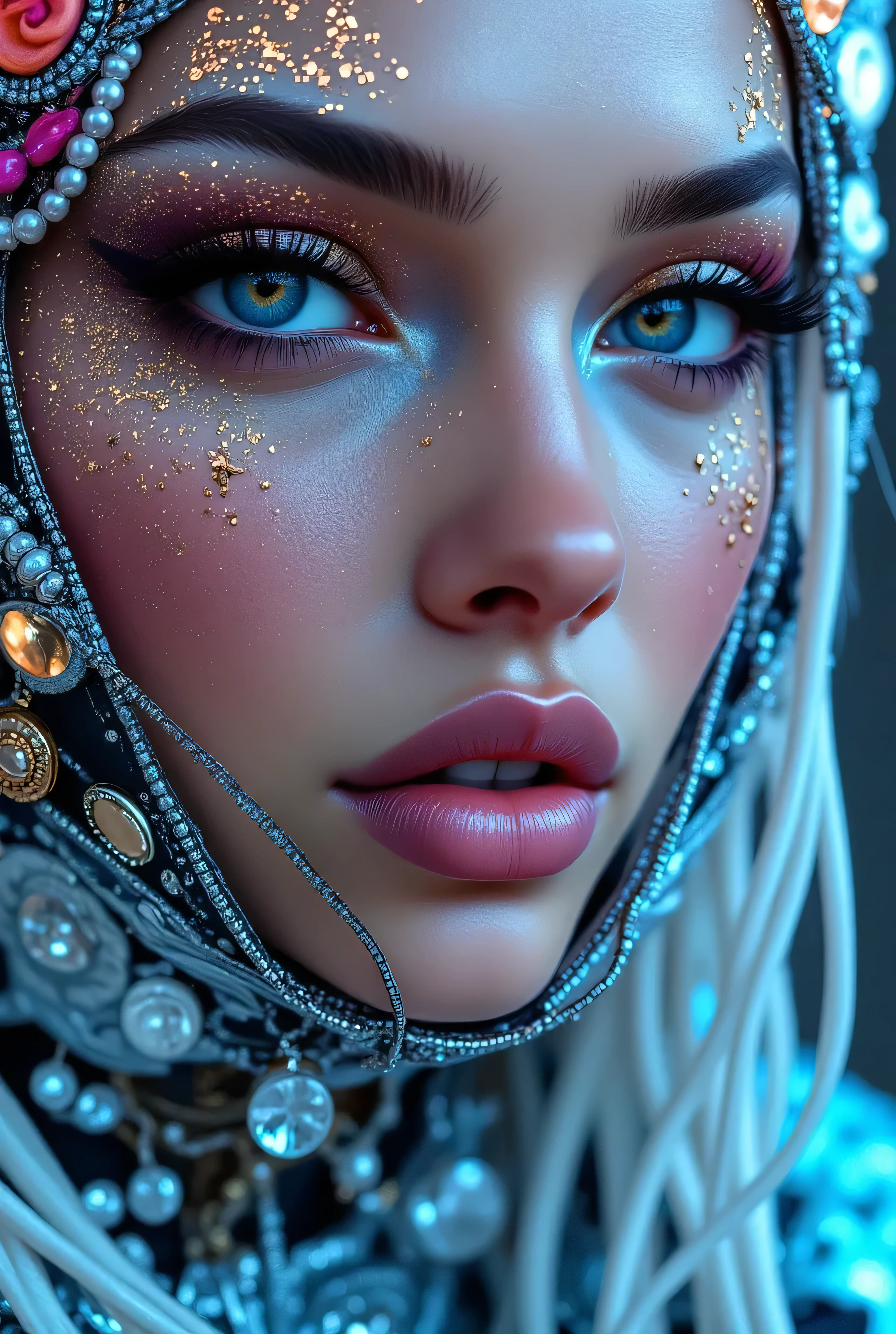 "Create an award-winning masterpiece for Vogue Fashion magazine featuring the up-close half face of a woman. The style is detailed comic book art with layered lines. Her makeup is metallic bronze and sky-blue. The image is dense with patterned imagery and includes realistic human figures with a graphic print-based look. This artwork combines elements of surrealism and fantasy with a maximalist style, showcasing ultra-realistic, hyper-detailed visuals akin to 4K quality. The woman's attire reflects electronic music style, adding an edgy, surreal, and hypermaximalist feel to the piece."