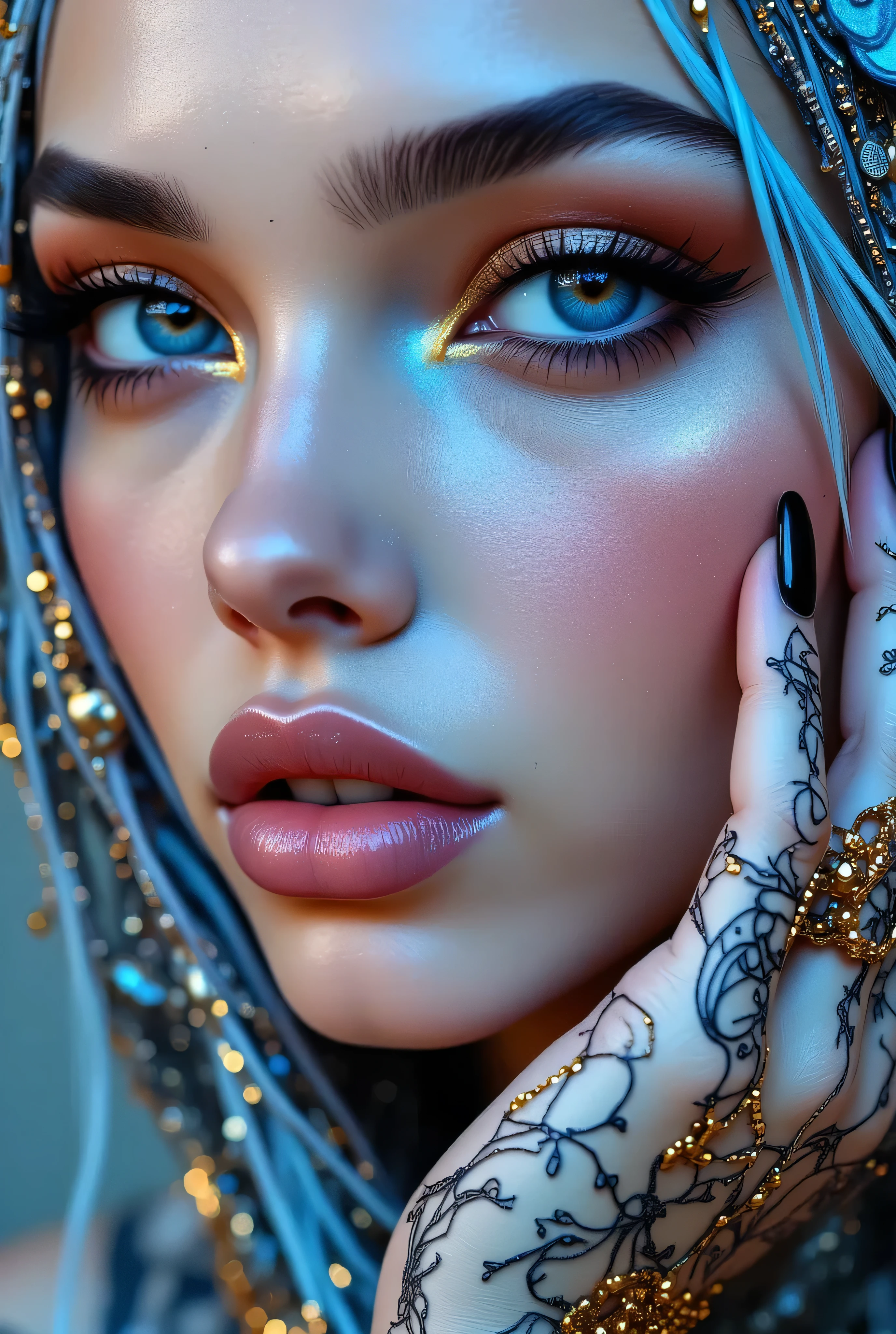 "Create an award-winning masterpiece for Vogue Fashion magazine featuring the up-close half face of a woman. The style is detailed comic book art with layered lines. Her makeup is metallic bronze and sky-blue. The image is dense with patterned imagery and includes realistic human figures with a graphic print-based look. This artwork combines elements of surrealism and fantasy with a maximalist style, showcasing ultra-realistic, hyper-detailed visuals akin to 4K quality. The woman's attire reflects electronic music style, adding an edgy, surreal, and hypermaximalist feel to the piece."