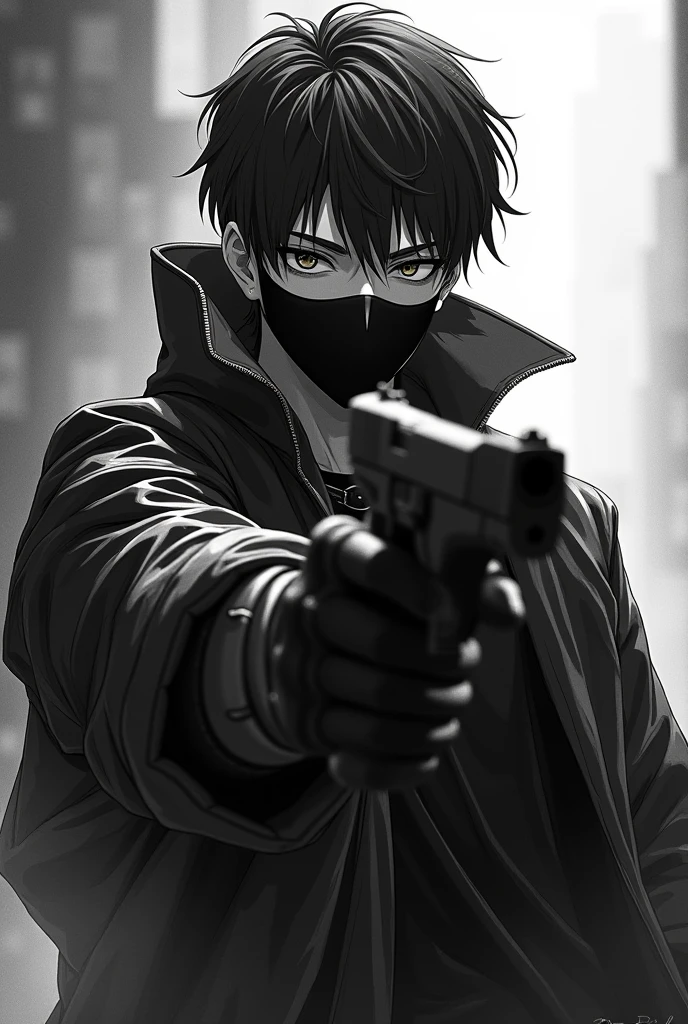 his face couldn't be seen, it was just pitch black
, glowing_white_eyes, normal skin but his face was covered in pitch black, carrying a shotgun behind his back,guy
