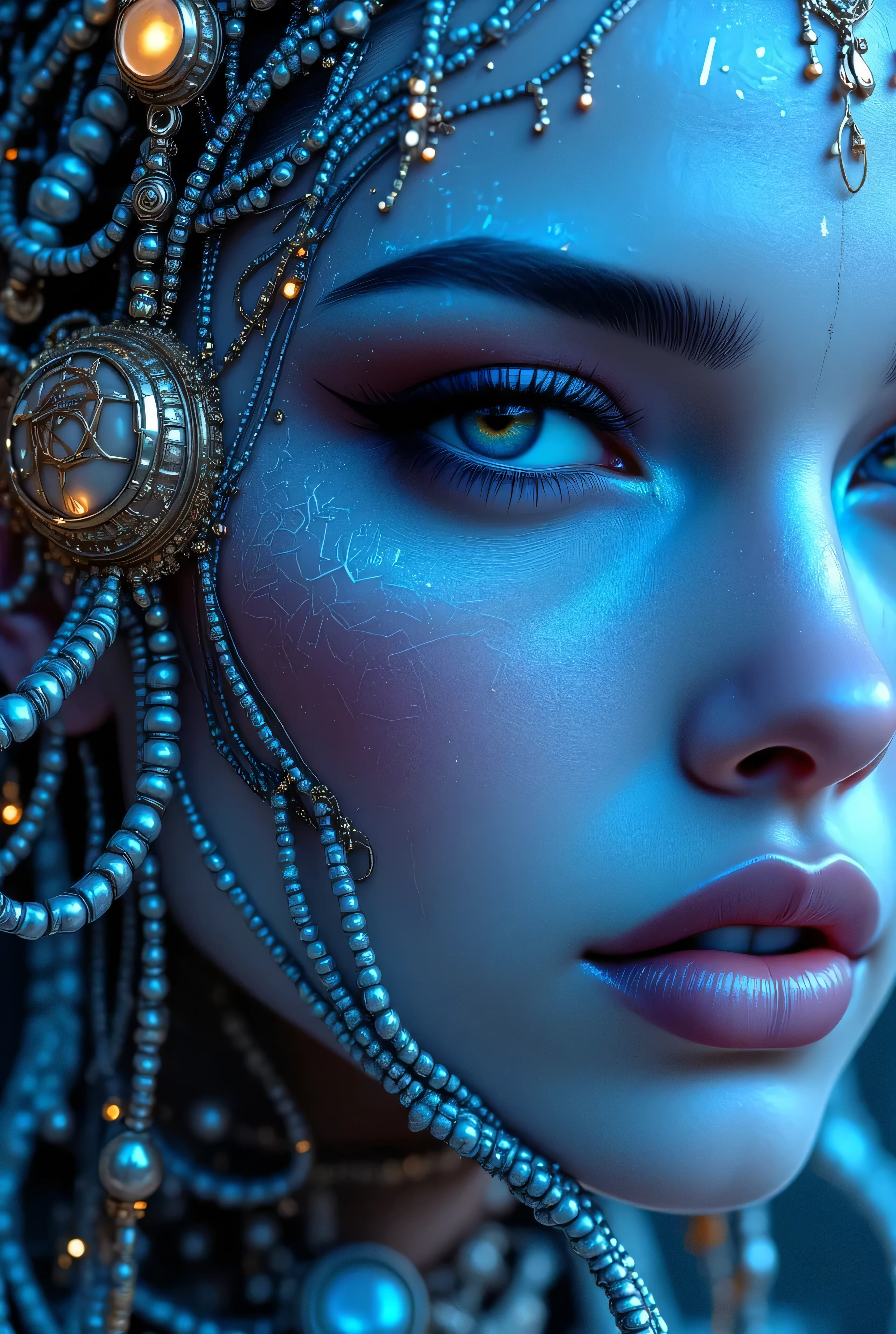 "Create an award-winning masterpiece for Vogue Fashion magazine featuring the up-close half face of a woman. The style is detailed comic book art with layered lines. Her makeup is metallic bronze and sky-blue. The image is dense with patterned imagery and includes realistic human figures with a graphic print-based look. This artwork combines elements of surrealism and fantasy with a maximalist style, showcasing ultra-realistic, hyper-detailed visuals akin to 4K quality. The woman's attire reflects electronic music style, adding an edgy, surreal, and hypermaximalist feel to the piece."