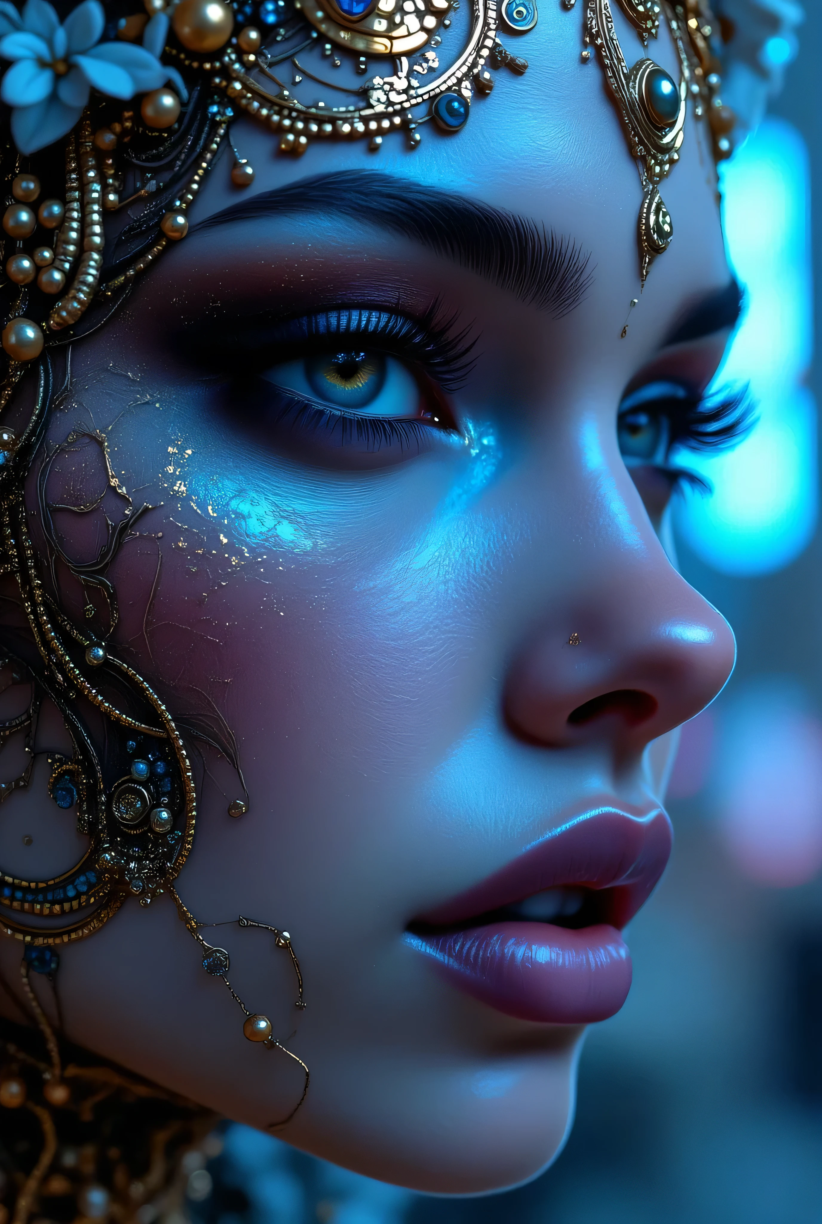 "Create an award-winning masterpiece for Vogue Fashion magazine featuring the up-close half face of a woman. The style is detailed comic book art with layered lines. Her makeup is metallic bronze and sky-blue. The image is dense with patterned imagery and includes realistic human figures with a graphic print-based look. This artwork combines elements of surrealism and fantasy with a maximalist style, showcasing ultra-realistic, hyper-detailed visuals akin to 4K quality. The woman's attire reflects electronic music style, adding an edgy, surreal, and hypermaximalist feel to the piece."