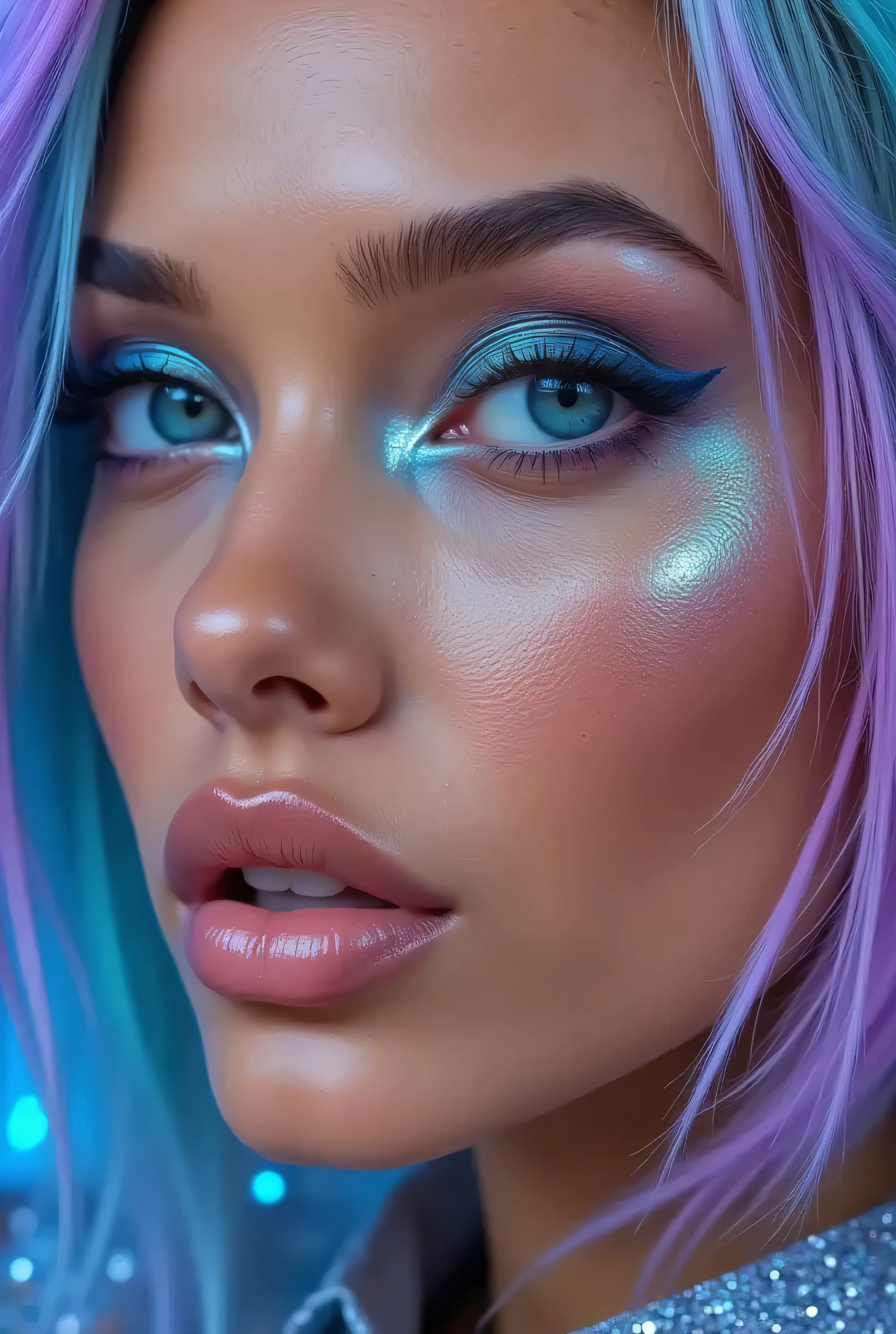 "Create an award-winning masterpiece for Vogue Fashion magazine featuring the up-close half face of a woman. The style is detailed comic book art with layered lines. Her makeup is metallic bronze and sky-blue. The image is dense with patterned imagery and includes realistic human figures with a graphic print-based look. This artwork combines elements of surrealism and fantasy with a maximalist style, showcasing ultra-realistic, hyper-detailed visuals akin to 4K quality. The woman's attire reflects electronic music style, adding an edgy, surreal, and hypermaximalist feel to the piece."