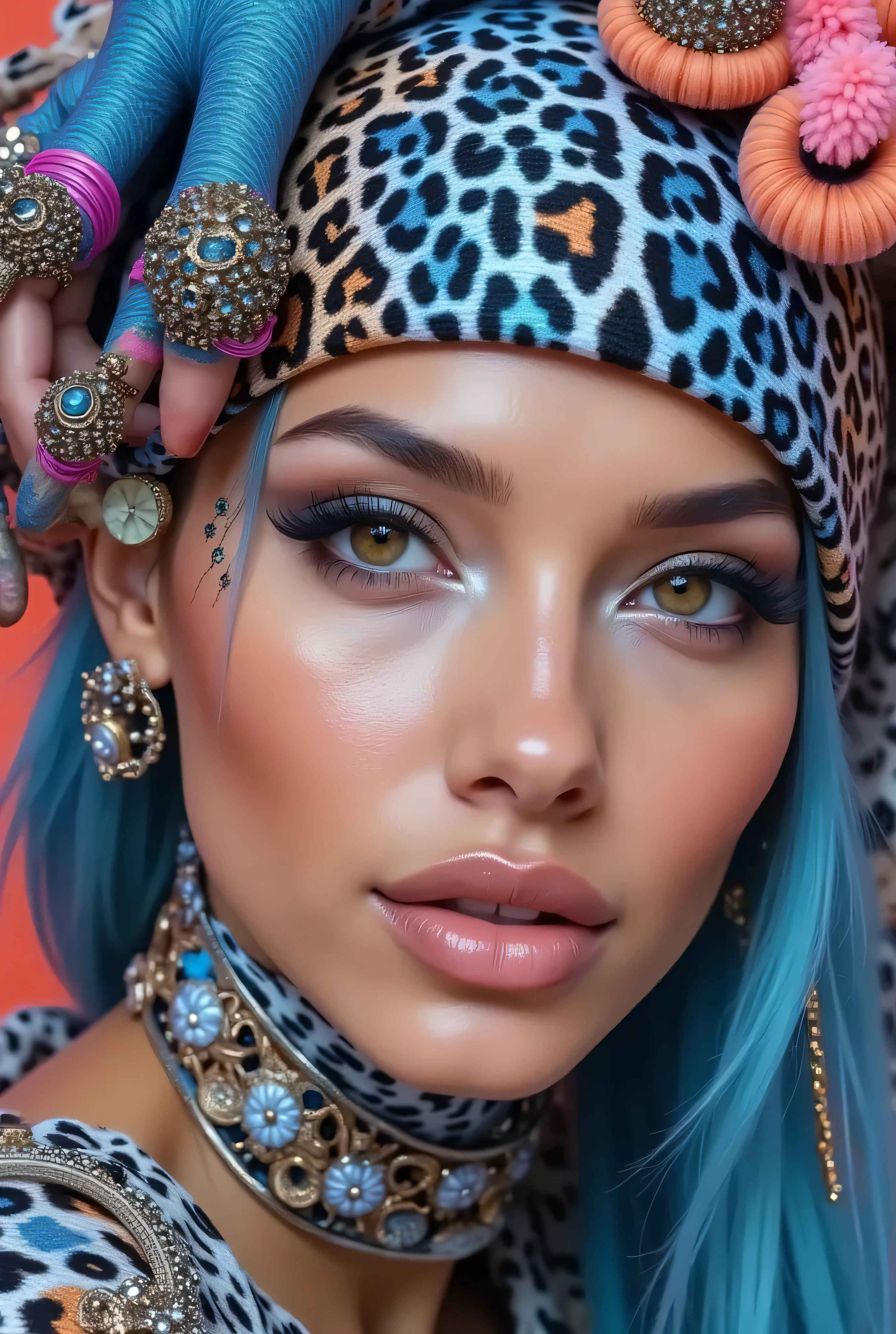 "Create an award-winning masterpiece for Vogue Fashion magazine featuring the up-close half face of a woman. The style is detailed comic book art with layered lines. Her makeup is metallic bronze and sky-blue. The image is dense with patterned imagery and includes realistic human figures with a graphic print-based look. This artwork combines elements of surrealism and fantasy with a maximalist style, showcasing ultra-realistic, hyper-detailed visuals akin to 4K quality. The woman's attire reflects electronic music style, adding an edgy, surreal, and hypermaximalist feel to the piece."