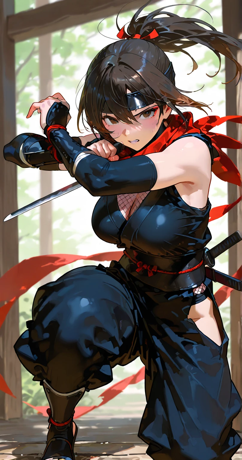 Daisy Ridley age 25, sexy ninja outfit (over exposed, safe for work), dramatic pose, ninja weapons, sneaking up on her target in his bedroom, show her entire body