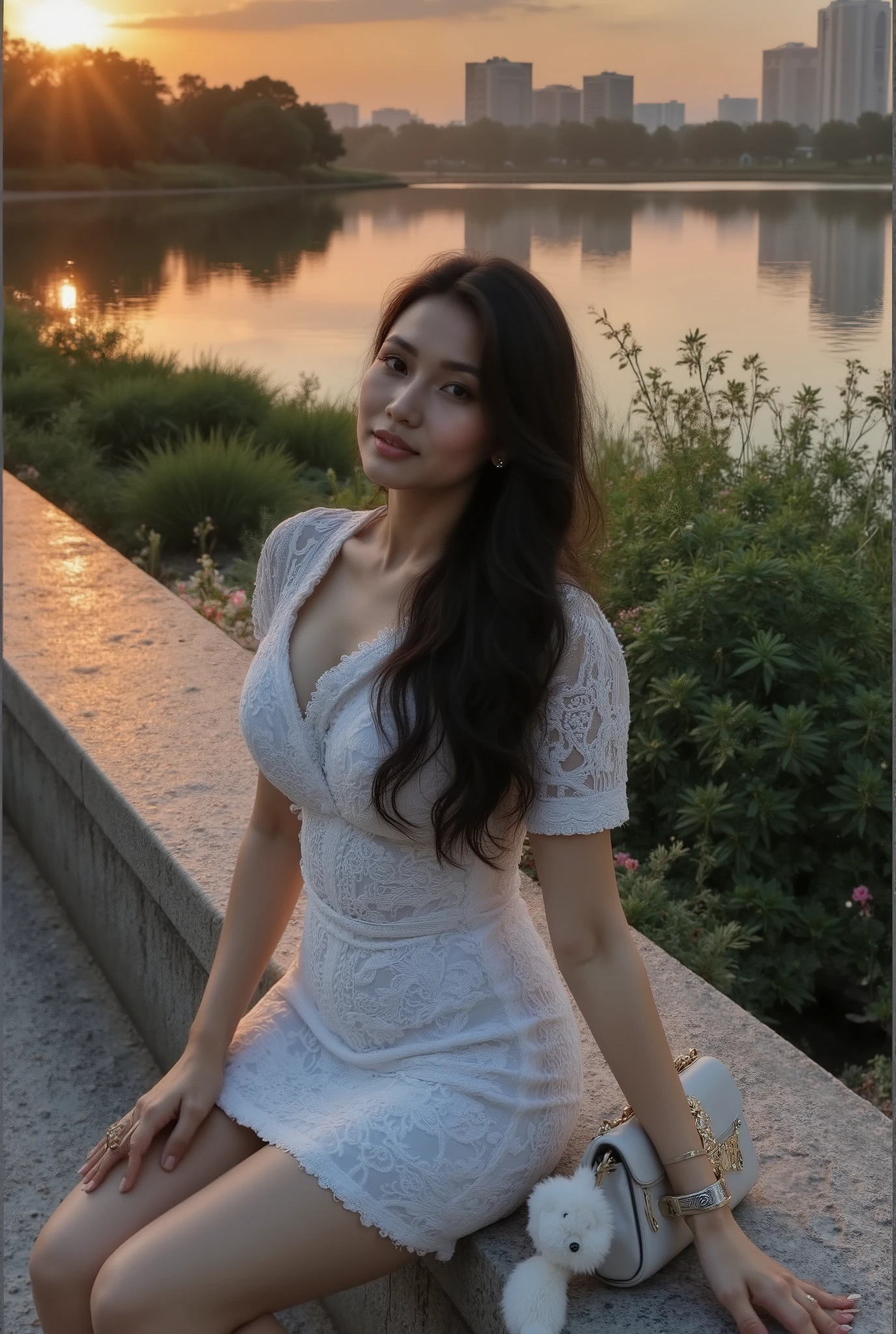 A breathtaking Thai woman with a perfectly sculpted, softly curvy figure and long, wavy black hair sits gracefully on a stone ledge by a tranquil lake at sunset, wearing a form-fitting white lace dress with an intricate, highly detailed lace pattern. The delicate fabric drapes naturally over her body, revealing subtle, realistic dress creases and a soft transparency that enhances the intricate embroidery and lacework. The semi-sheer material catches the warm golden light, subtly revealing the contours of her silhouette while maintaining elegance. Her striking facial features include deep, almond-shaped eyes, a softly defined nose, and full lips with a natural sheen. Her flawless, realistic skin showcases visible pores, subtle facial peach fuzz, and soft highlights that reflect the sunset’s glow. A designer handbag with gold embellishments and a plush charm rests beside her. The still lake mirrors the fiery hues of the sky, blending deep oranges and pinks with reflections of distant trees and a modern skyline. Lush greenery and delicate flowers frame the serene scene. (masterpiece, ultra-detailed, hyper-realistic, beautiful Thai female face, perfect body proportions, soft lace transparency, realistic dress creases, intricate lace textures, real skin texture with pores and fine facial fuzz, soft skin reflections, cinematic lighting, soft-focus bokeh, ultra-HD, photorealistic textures, 8K, SeaArt AI), ((big breasts, round breasts”, small belly fat, tight dress, large breasts, large beautiful cleavage, detailed beautifully perfect clavage