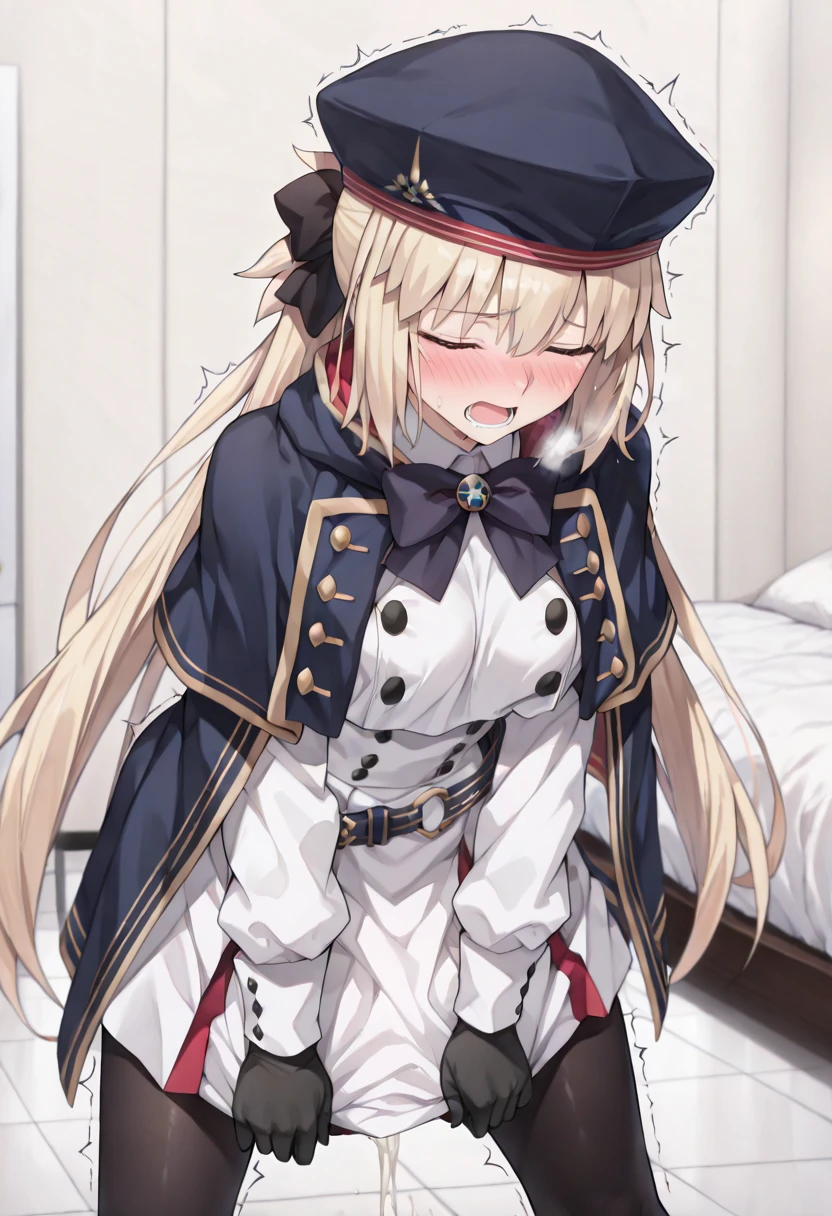 Z46, 1girl, solo, long hair, silver hair, bangs, hair ornament, iron cross, yellow eyes, mole under eye, mole, beret, blue headwear, bare shoulders, (white gloves), blue dress, puffy sleeves, detached sleeves, sleeveless dress, open clothes, brown jacket, sleeveless, ribbon, red footwear, expressionless, lying, bed,  <lora:z46swimX:0.8>