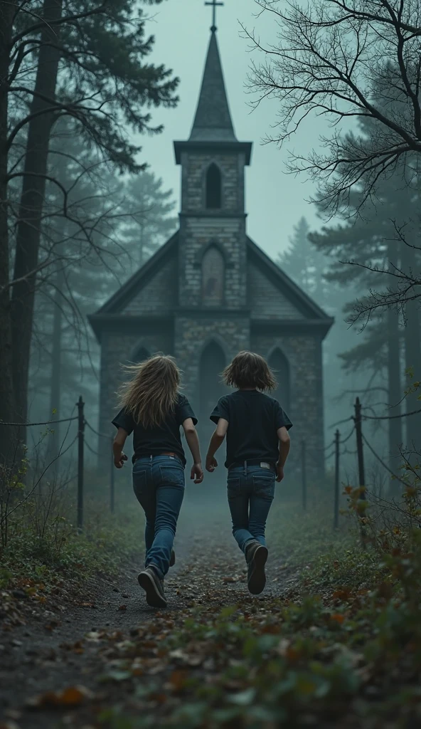 ((gruesome Midnight)), RAW photo, head to hip of ((burmese girl, Ash Blonde hair, in panic, running, school uniform, satchel)), view from behind, back view, running into ((rotten, broken, dilapidated, lvcrftn church)) ((at night)), (deep in the woods, dense forest, old scarry trees), dreadful reflections, ((heavy rain, storm)), flash, wet, muddy, dismaying photography, analog photography, (high detailed skin:1.2), 8k uhd, dslr, high quality, film grain <lora:lvcrftn:1>