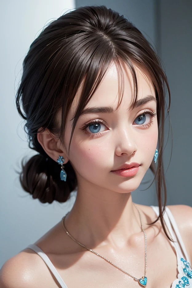 masterpiece, solo, highly detailed, ultra-detailed, ultra high res, (photorealistic:1.333), (best quality), (best shadow),detailed, perfect lighting, dark brown hair, very long hair, braids, [face freckles], (blue eyes), choker, smokey make up,  close up, portrait, in a royal palace bath hall, (small breasts:1.3)