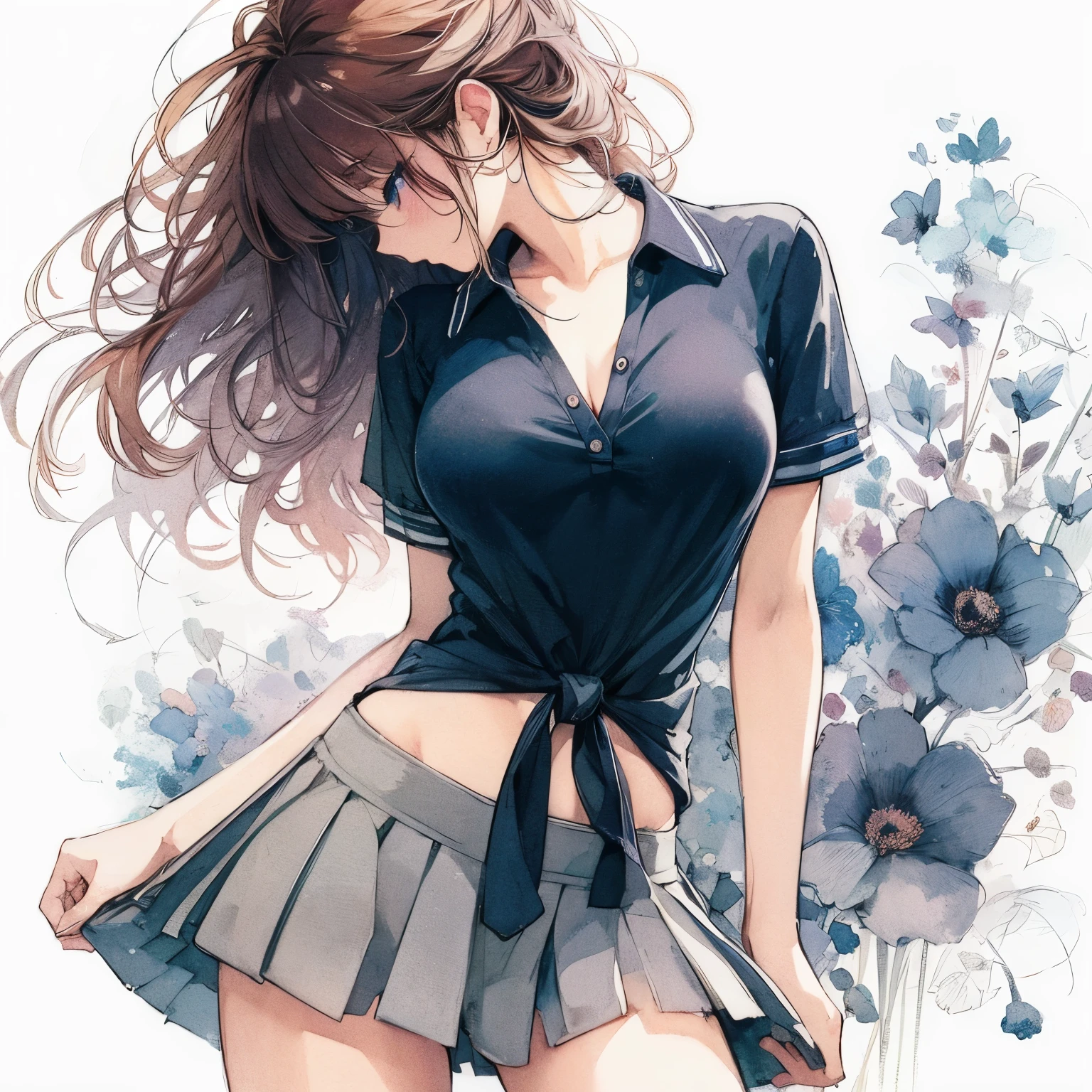 Official art using high-quality hand-drawn watercolor sketch techniques. (best quality,4k,8k,highres,masterpiece:1.2),ultra-detailed,beautiful detailed eyes,A girl with beautiful eyes, everyone, beautiful anime girl, cute anime girl, smooth anime art, anime style, elegant colors, soft lighting, delicate beautiful eyes, very coquettish, (beautiful large breast:1.2), (correct hands:1.2),