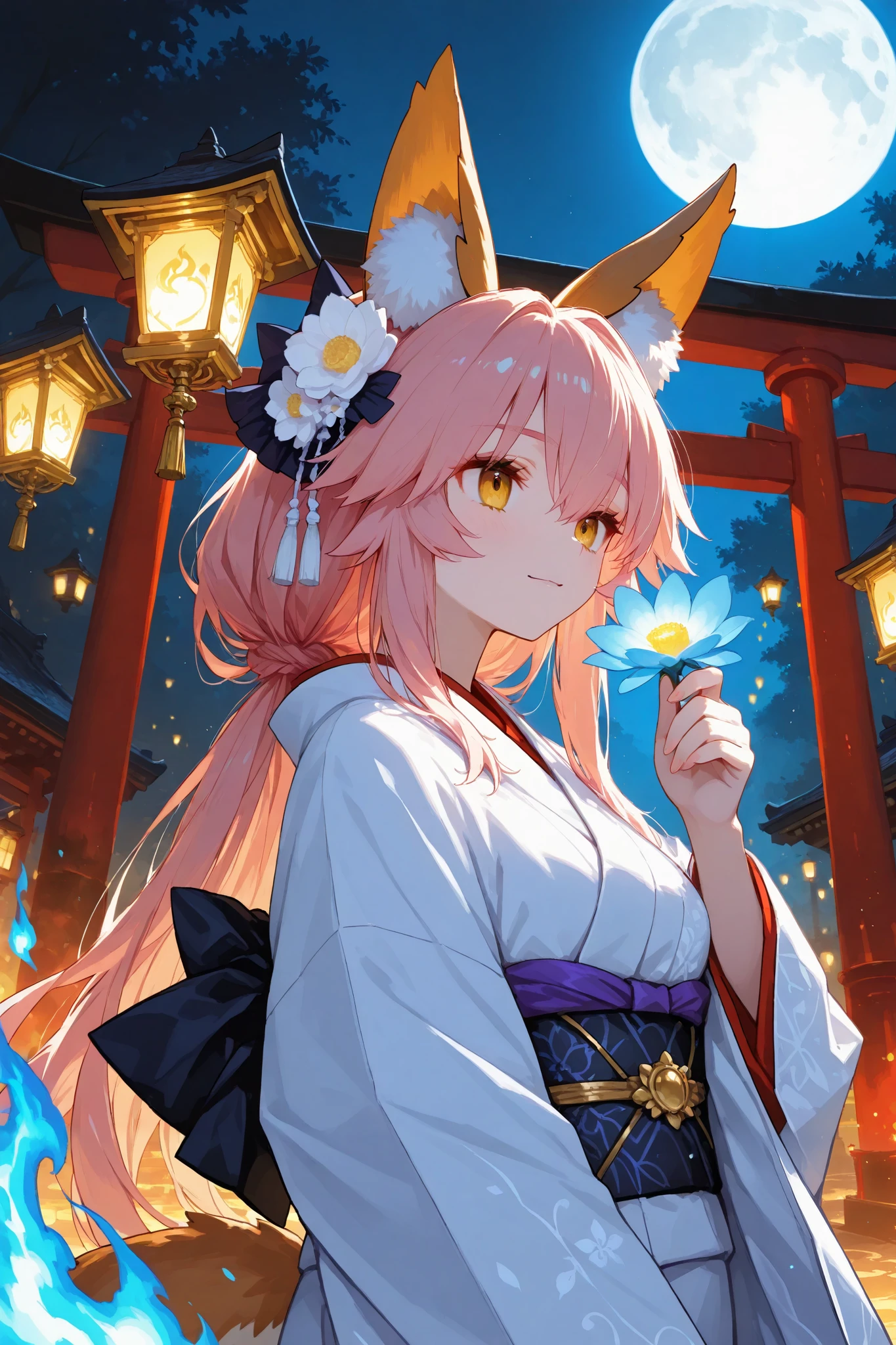 trk,illustration,1girl\(tamamo \(fate\),wearing elegant white kimono,standing\),mystical festival night, glowing floating lanterns, countless red torii gates, golden lights reflecting on her hair and kimono, ghostly blue flames,large full moon,upper body shque, ultra-detailed, high resolutionot,blooming effect, digital painting,masterpiece,best quality