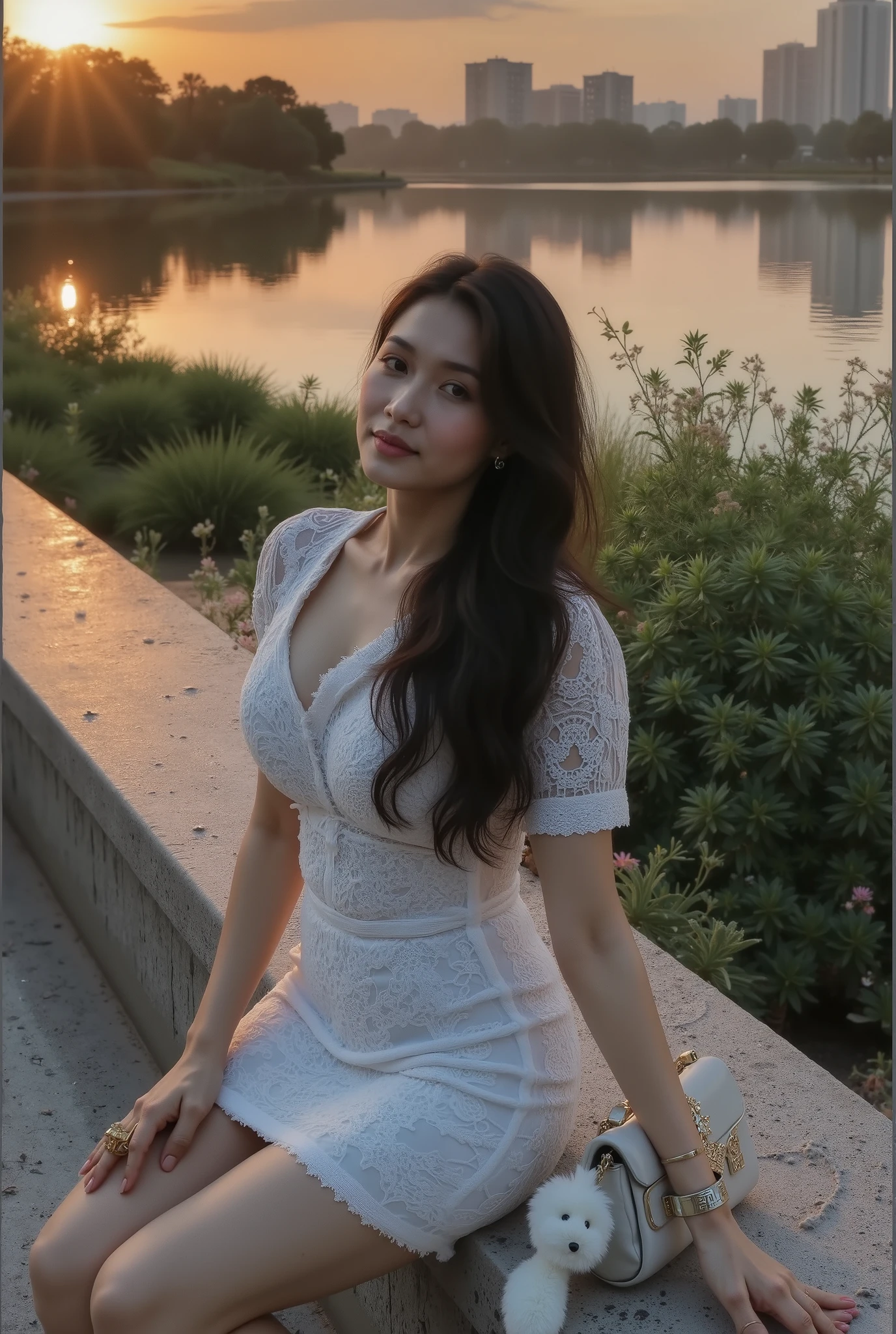 A breathtaking Thai woman with a perfectly sculpted, softly curvy figure and long, wavy black hair sits gracefully on a stone ledge by a tranquil lake at sunset, wearing a form-fitting white lace dress with an intricate, highly detailed lace pattern. The delicate fabric drapes naturally over her body, revealing subtle, realistic dress creases and a soft transparency that enhances the intricate embroidery and lacework. The semi-sheer material catches the warm golden light, subtly revealing the contours of her silhouette while maintaining elegance. Her striking facial features include deep, almond-shaped eyes, a softly defined nose, and full lips with a natural sheen. Her flawless, realistic skin showcases visible pores, subtle facial peach fuzz, and soft highlights that reflect the sunset’s glow. A designer handbag with gold embellishments and a plush charm rests beside her. The still lake mirrors the fiery hues of the sky, blending deep oranges and pinks with reflections of distant trees and a modern skyline. Lush greenery and delicate flowers frame the serene scene. (masterpiece, ultra-detailed, hyper-realistic, beautiful Thai female face, perfect body proportions, soft lace transparency, realistic dress creases, intricate lace textures, real skin texture with pores and fine facial fuzz, soft skin reflections, cinematic lighting, soft-focus bokeh, ultra-HD, photorealistic textures, 8K, SeaArt AI), ((big breasts, round breasts”, small belly fat, tight dress, large breasts, large beautiful cleavage, detailed beautifully perfect clavage, detailed skin pores, smooth facial featgers, vanes, detailed realistic eyes