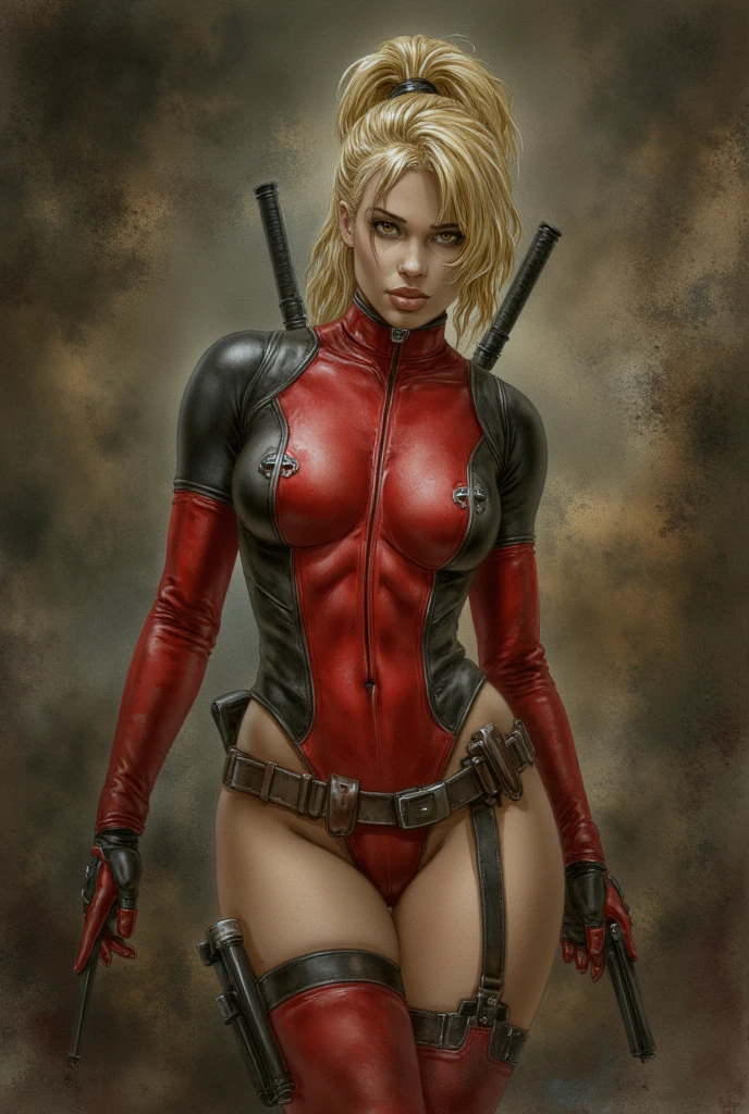realistic portrait of a sexy and busty female superhero character in the style of Deadpool, with blonde hair, wearing a tight costume, holding swords, striking an alluring and confident pose, with a large, shapely backside, (best quality,4k,8k,highres,masterpiece:1.2),ultra-detailed,(realistic,photorealistic,photo-realistic:1.37),extremely detailed facial features,beautiful detailed eyes,beautiful detailed lips,extremely detailed eyes and face,longeyelashes,intricate costume details,dynamic lighting,dramatic shadows,vibrant colors,cinematic composition