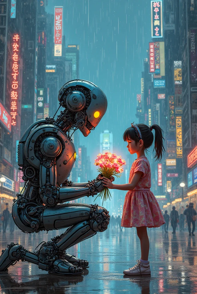 Android robot with a gun in his right hand pointing at a  baby with a flower in his hand