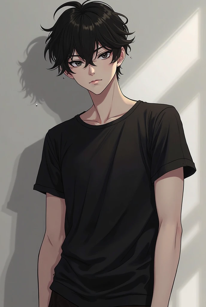 dark brown hair and face with glasses man black shirt and black pants and a black background man 