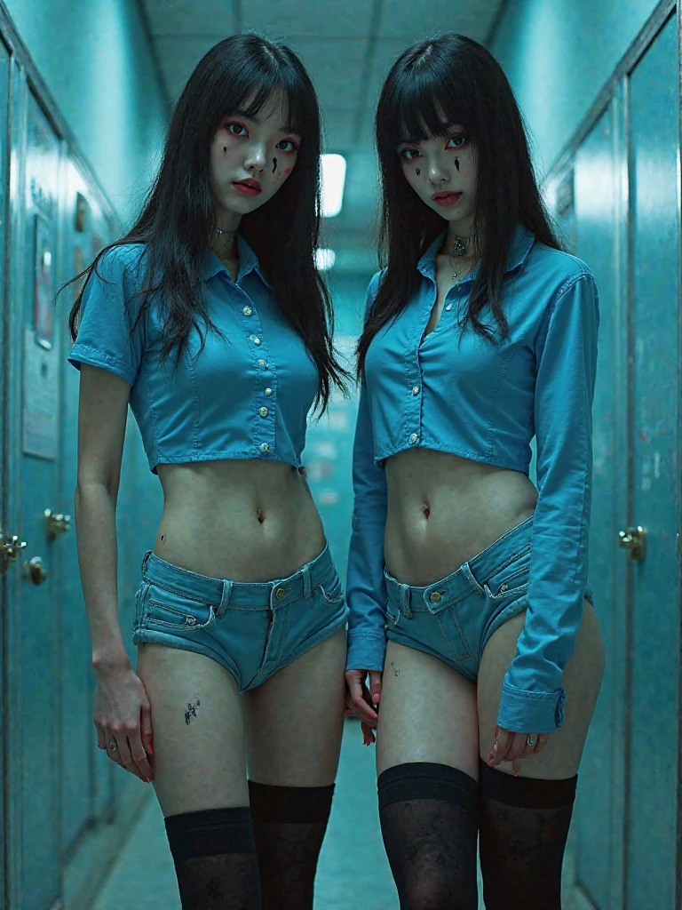 Women in Professional crop top suit, pants, walking to work, show belly, realistic bellybutton shape, necktie, ((tied up by chain,arms up,)), ((crying)), 