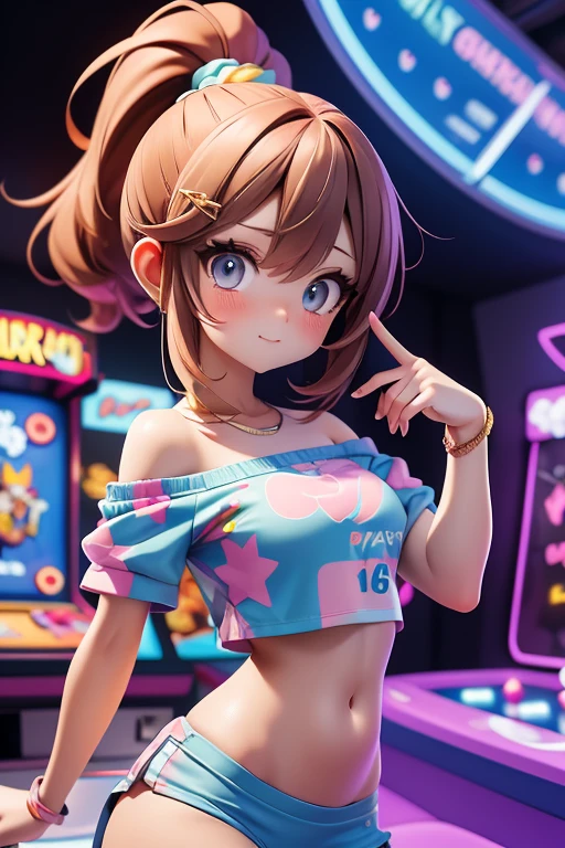 (best quality,4k,8k,highres,masterpiece:1.2), kousaka honoka, blue eyes, orange hair,cowboy shot ,ultra-detailed, from behind, looking back,moist skin, ahoge,(blushing:1.2), open mouth, white string bikini, big breasts, standing,in arcade hall,