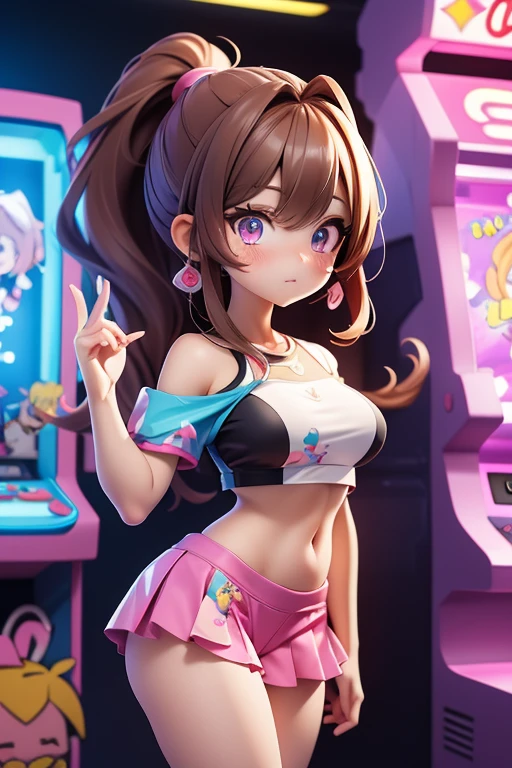 ((masutepiece, Best Quality, hight resolution, nffsw, Perfect Pixel, 4K, nffsw, nffsw))), 1girl in, Single, Solo,Appearance of Frozen Anna, Beautie、full body seen、 ((Middle Wave Hair, Bangs, Brown hair)), ((Brown-eyed, Beautiful eyelashes, Realistic eyes)), ((Detailed face, Blushing:1.2)), ((Smooth texture:0.75, Realistic texture:0.65, Photorealistic:1.1, Anime CG style)), medium breasts, Dynamic Angle, Perfect body, White tennis wear, Shirts with short sleeve collar、pleatedskirt,breasts looking、(no-bra)、、, tennis coat、during daytime、all-fours、Looks Back、Transverse breasts、Very embarrassing panic smile、(Pink floral lace panties)、