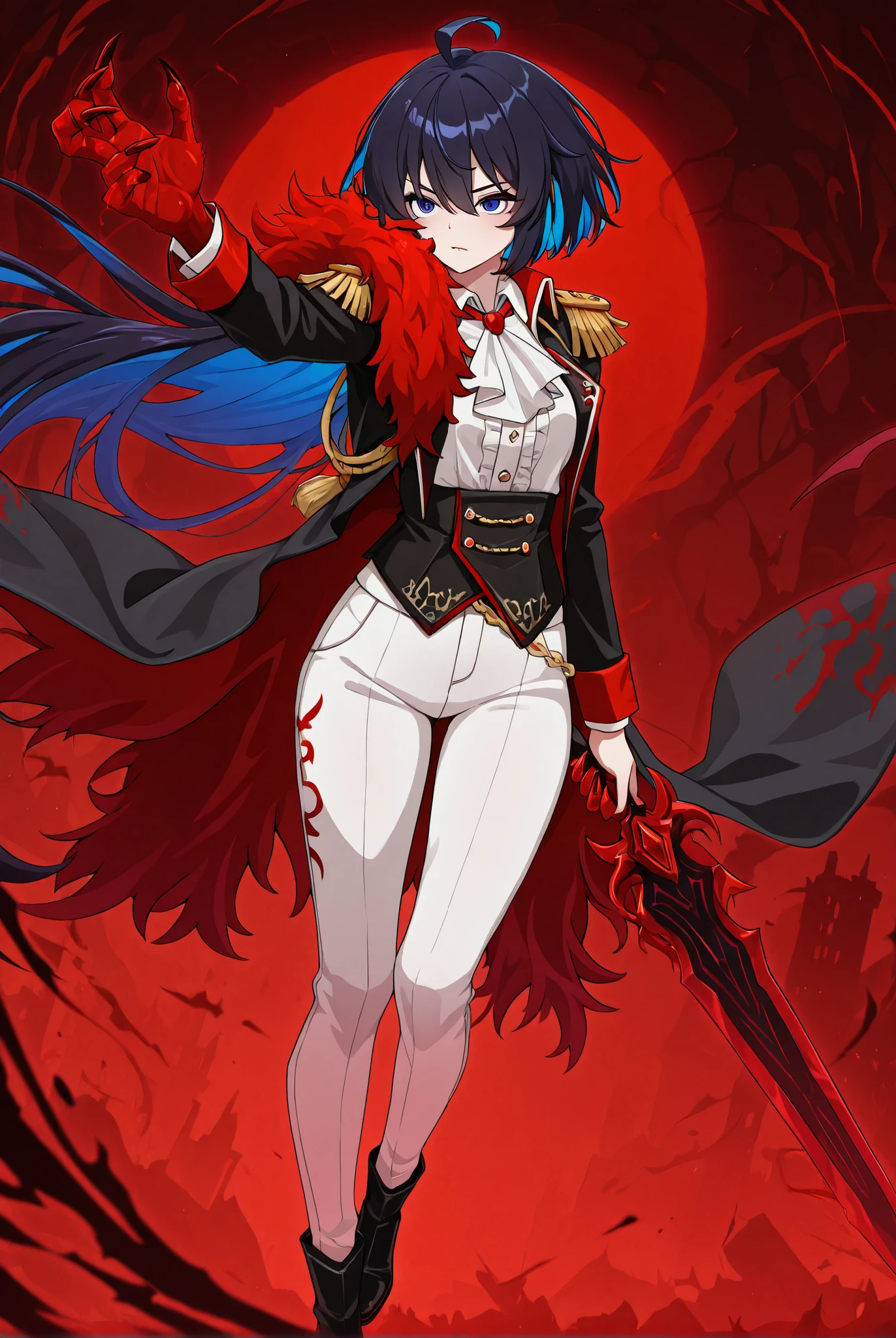 1girl, DonQuixoteLimbus, DonManager, vampire, red eyes, long hair, red scarf, red fur trim, red feather boa, white shirt, black jacket, open jacket, epaulettes, white pants, black footwear, SelVel, Fol001, Sel_Def, blue eyes, short hair, seele vollerei, black hair, blue hair, colored inner hair, holding, very long hair, weapon, ahoge, female focus, sword, holding weapon, fur trim, holding sword, claws, red theme, black jacket
,masterpiece,best quality,amazing quality, (SuperQuality:1.2)