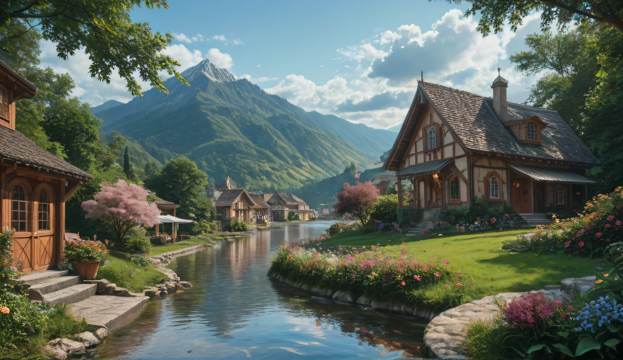 A small village by the river, color of the mountain in the background, floral flowers colorful, detailed landscape, beautiful natural landscapes, atmospheric lighting, scorching sunset, warm colors, Practical, фотоPractical, detailed foliage, complex buildings, paved street, charming country house, swirl bright colors, lush vegetation, reflections on water, picturesque, idyllic, artwork, best quality, 8k, very detailed, anime stylization