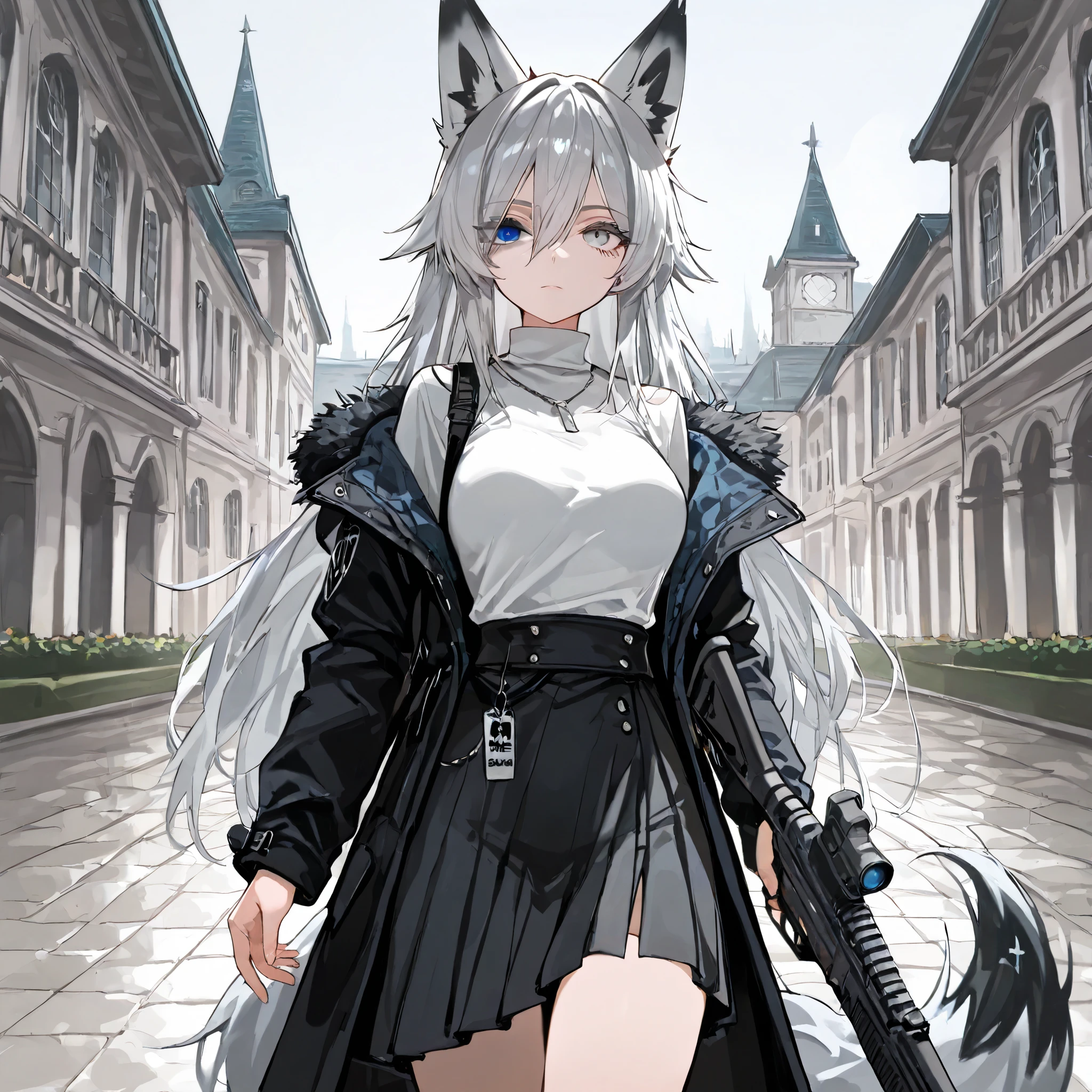 fox girl, fox ears, fox teils, grey hair, long hair, hair between eyes, Bangs Tail, long coat, half skirt, Japanese sword, 1girl, parka, off shoulder, beautiful eye,(grey eye:1.5),(blue eye:1.3) HD, high resolution, UHD, top quality, masterpiece, high resolution, 8k, Score_9, Score_8_up, Score_7_up, Score_6_up, Score_5_up, Score_4_up, Tag1, Tag2, Quality_masterpiece, Absurd res, Anatomically correct, Beautiful face, Perfect face, Highly detailed beautiful face and eyes, Attractive face, Detailed face, Delicate facial features, mansion, jump, expressionless, roof, assault rifle in left hand, midnight,