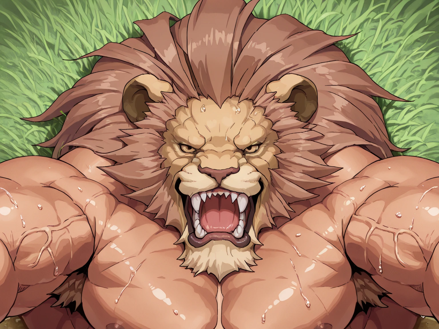 huge brown lion、brown body、pubic hair、chest hair、Navel hair、Green detailed eyes、dark green mane、Huge crotch bulge、Sideways body、dark laboratory background、Seated Pose、tied up with chains、Angle from the side diagonally、Completely naked、Body wet with a large amount of milk、Screaming expression、angry look、lots of pink tentacles、White rain