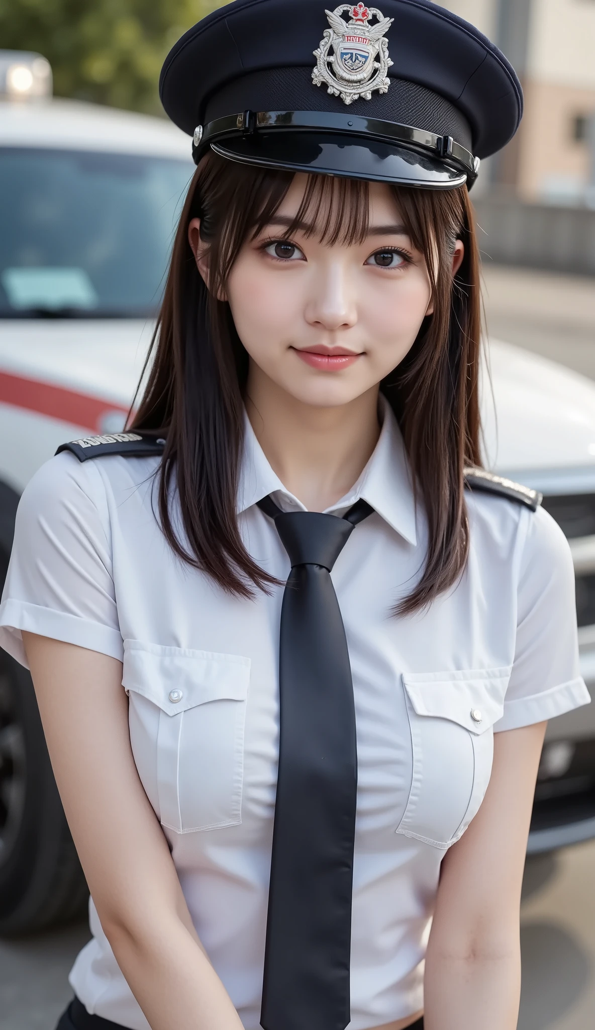 (  police uniform ,  tie,  police hat,  color shirt : 1.4), (Arcuate Cleavage    : 1.3), (police vehicle background   : 1.4), ( so that the face is in the center of the image : 1.4), (salute : 1.3), (Delicate real hair   ,  Realistic black hair), bungs, smile,  Young and Adorable Japanese Faces  ,  Official Art, high-definition CG Unity 8K wallpaper, Ultra High Precision ,  very detailed depiction な,  Film Grain,  lens flare glow,  top quality , 8k,  snowy black fur coat as a ,8k, viewer, (( masterpiece)), (( top quality )), (( cute)), (( sexy)), (( very detailed depiction )), (  detailed clothing features in police cars), ( beautiful),  illustration,  beautiful Japanese woman, (( female 1 person))