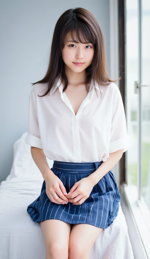a girl, (enjoying vaginal sex, inserting penis to your pussy:1.2), lustful sweaty face, open your legs, white blouse, forehead short hair, photo realistic, 32k, underground