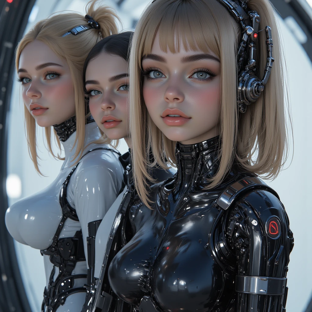 a woman in a wetsuit, posing for a photograph, perfect android girl, shiny latex, futuristic glossy latex suit, wear latex, Latex dress, wear a black latex suit, cute girl in a vest, latex outfits, cute cyborg girl, Photorealistic ideal body, shiny black dress, beautiful white cyborg girl, tight outfit, wrap glossy leather