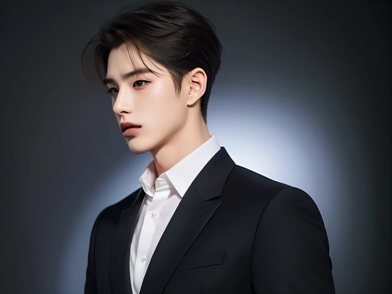 20 year old man, Very handsome , stars of the Korean series, White skin, handsome, classic side part hairstyle, black background, Masterpiece, best quality, a man, elegant, Detailed image, clear, Shiny, Very handsome , half body model, cold front, Wear a black formal dress , One Man, reflect, Strict face color, side view, Back photo.
