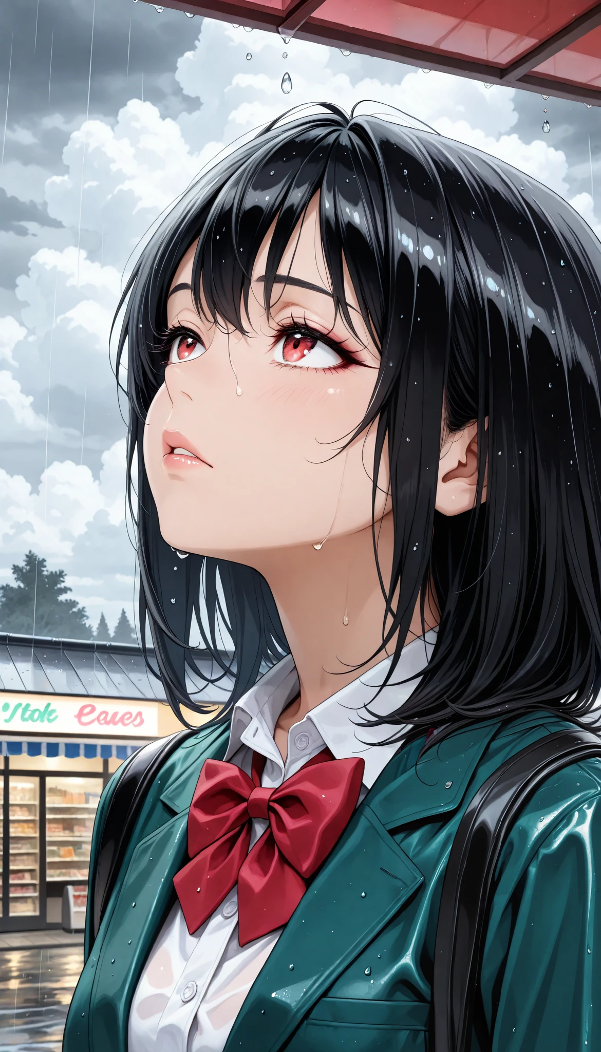 sexy women, Fashion Model Body Type, black hair, medium hair, straight hair, Red Eyes, (Tired of, Trouble, look up at the sky, take your eyes off), Green blazer , Red bowtie, shirt, red plaid pleated skirt, School Bag, School Bagについたリボン, beautiful eyes, beautiful lips, very detailed目と顔, long eyelashes, Sheltering from the Rain, (It rains:1.2), shallow depth of field:1.2, blur the background, (Under the eaves, rain drops, Cloudy, shop eaves background:1.2), (top quality, very detailed, CG illustration, masterpiece:1.2, Aesthetics at its best),